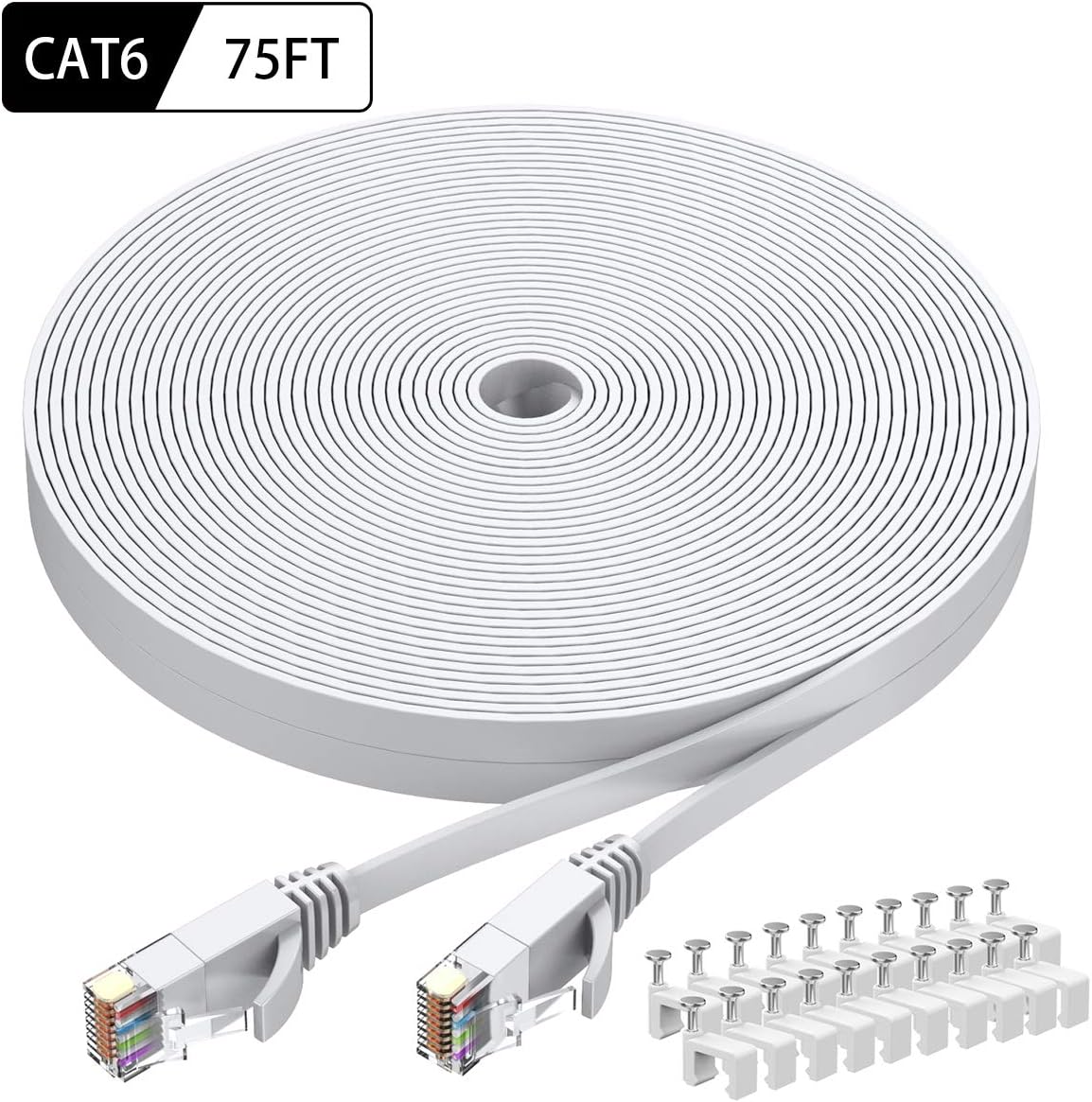 BUSOHE Cat6 Ethernet Cable 75 FT White, Cat-6 Flat RJ45 Computer Internet LAN Network Ethernet Patch Cable Cord - 75 Feet