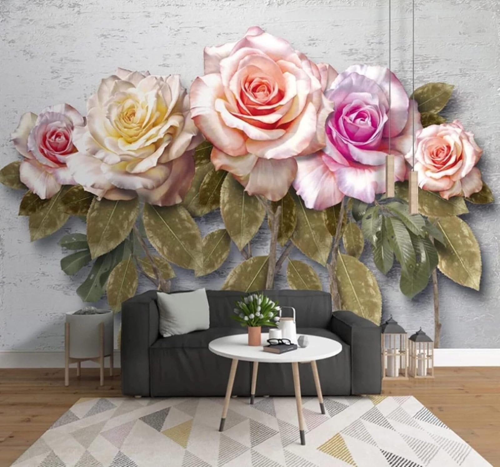 Wallpaper-3D-Xlm 300Cm×210Cm(B×H) Vintage Three Dimensional Art Romantic Roses 3D Wallpaper Easy Install Feature Office Living Room Sofa Bedroom Tv Background Wall Decoration-300Cm×210Cm