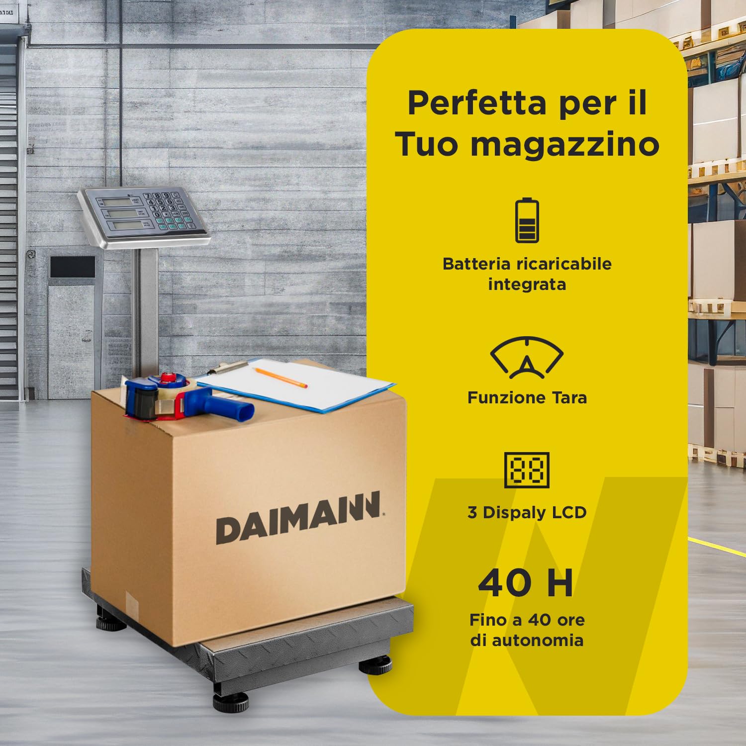 Bilancia Elettronica 300 kg Professionale – Bilancia Industriale Triplo Display LCD, Bilancia Pesa Pacchi con Funzione TARA e Piattaforma Antiscivolo, Bilancia da Banco Magazzino, Batteria Integrata