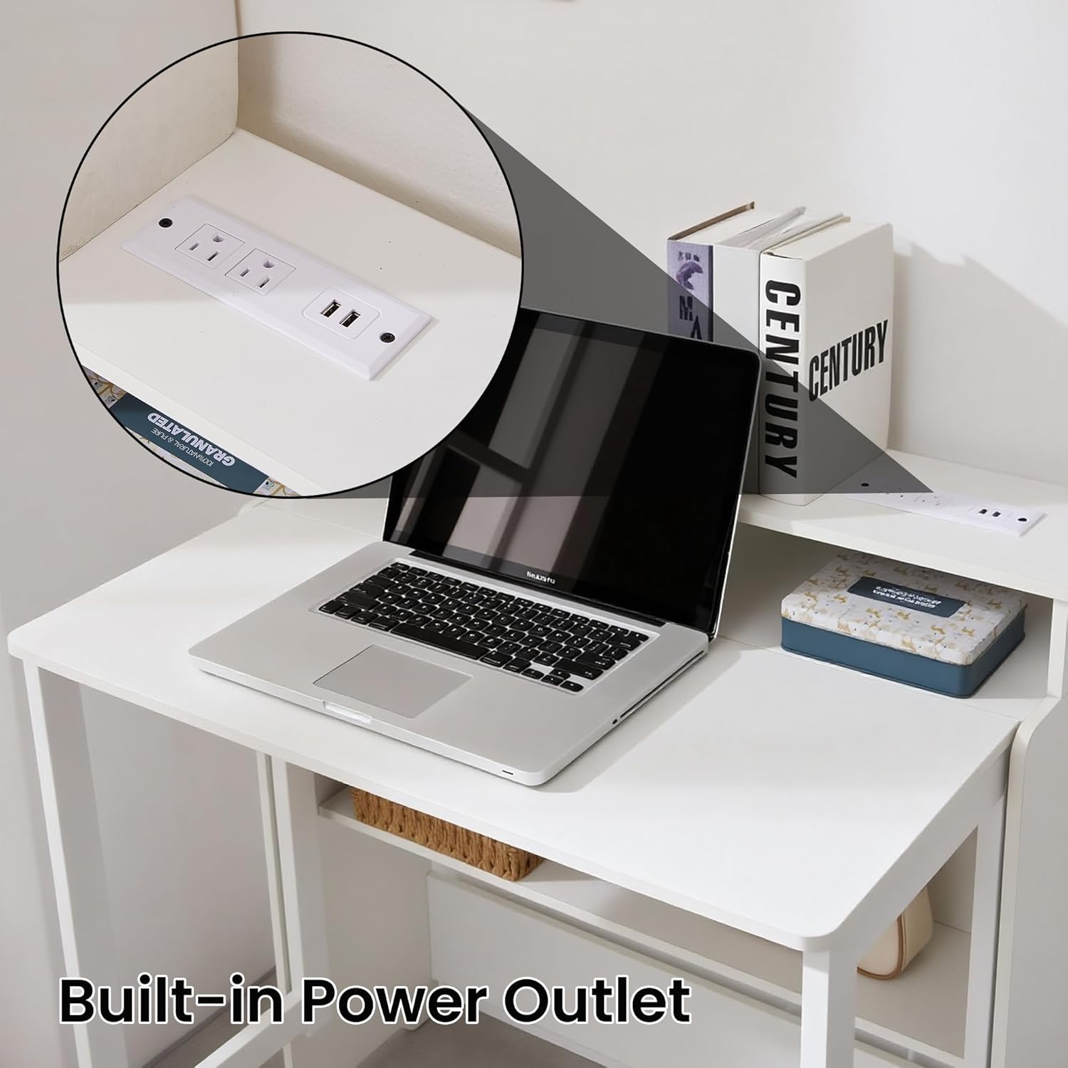 Boknight foldable desk built-in power outlet with 2 AC outlets and 2 USB ports on the upper monitor stand shelf