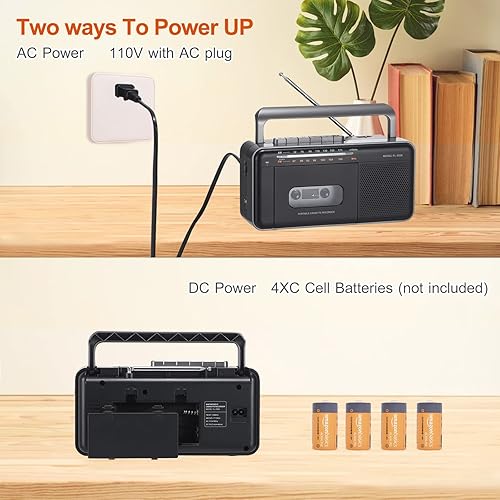 Miniatura 6 de Reproductor de casete portátil Boombox AM FM, grabadora de casete con altavoz y conector para auriculares, 4 pilas C o alimentadas por CA, micrófono