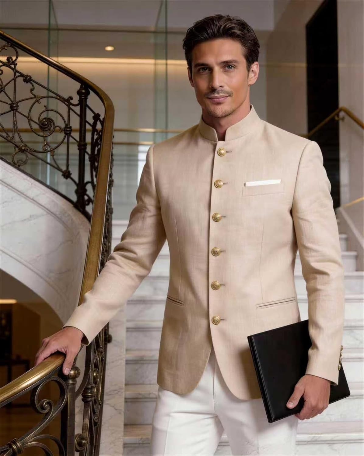 Mens Chinese Linen Suit Mandarin Collar Blazer Jackets Men Sport Coat Business Prom Dress Coat for Men Beach Wedding