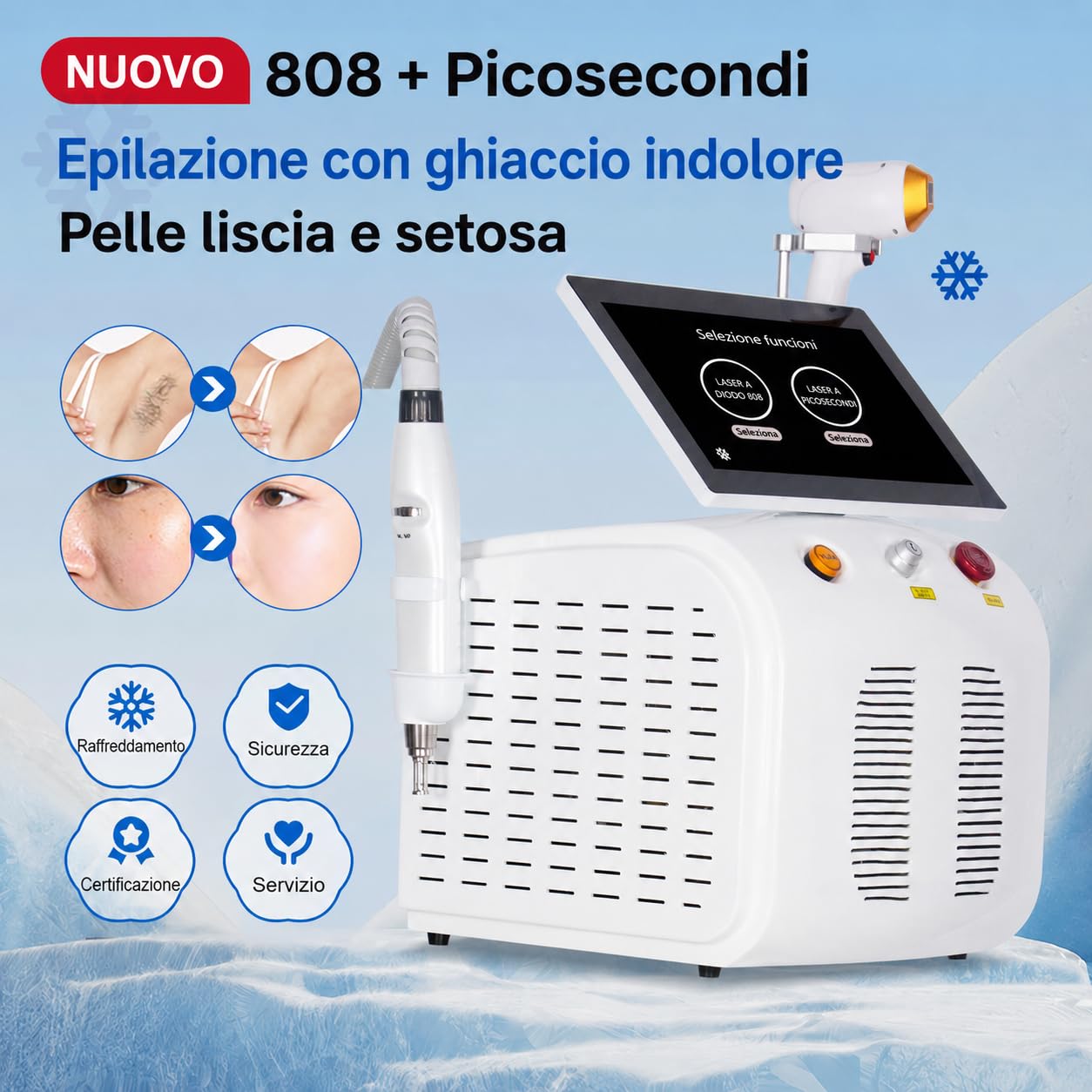 Macchina laser professionale 2 in 1 808 nm e picosecondi NDYAG, dispositivo estetico per epilazione viso e corpo, rimozione tatuaggi, raffreddamento integrato, schermo tattile, 2 manipoli