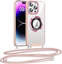 Kokio Magnetic Cord Case for iPhone 14 Pro 6.1 Inch with Necklace, Adjustable Transparent Lanyard Case with Anti-Scratch Anti-Yellowing Case for iPhone14 Pro, Pink