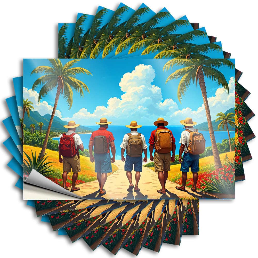 Funny Outdoor Decor, Quote Funny Helmet Quote Stickers, Winter No Residue Decals for Luggage | Indoor Party Favor Custom Five Men with Backpacks Stand On A Path Surrounded By Palm(12X18CM)