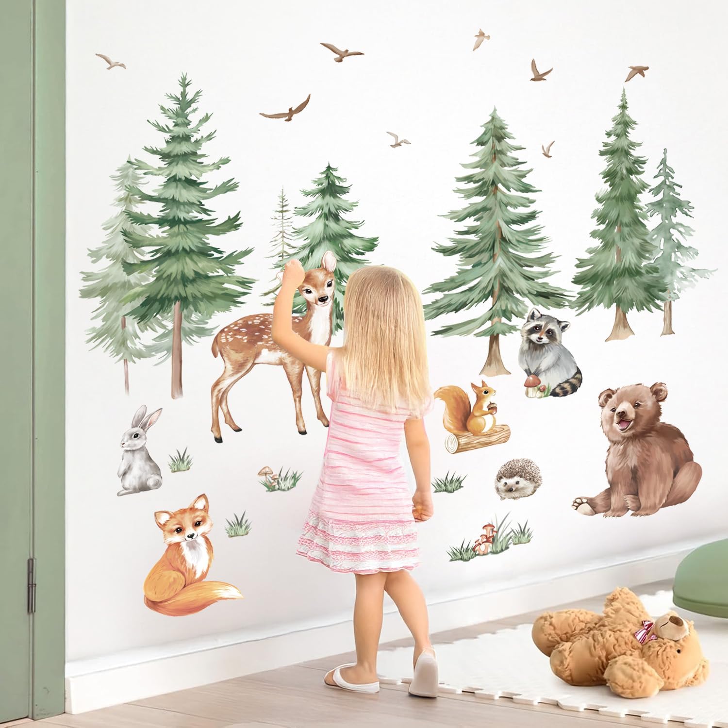Large Mountain Tree Wall Stickers,Woodland Animal Wall Decals Include Fox,Peel,Bear for Kids Room Baby Nursery Bedroom Wall Decor