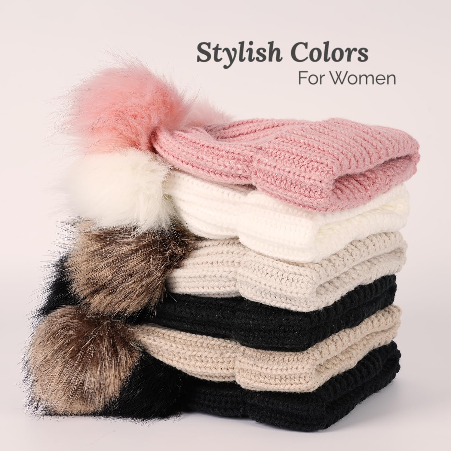 Double Pom Pom Beanie Winter Hats for Women Girls, Warm Fleece Lined Beanie, Thick Knit Hat Faux Fur Bobble Hat - Image 2