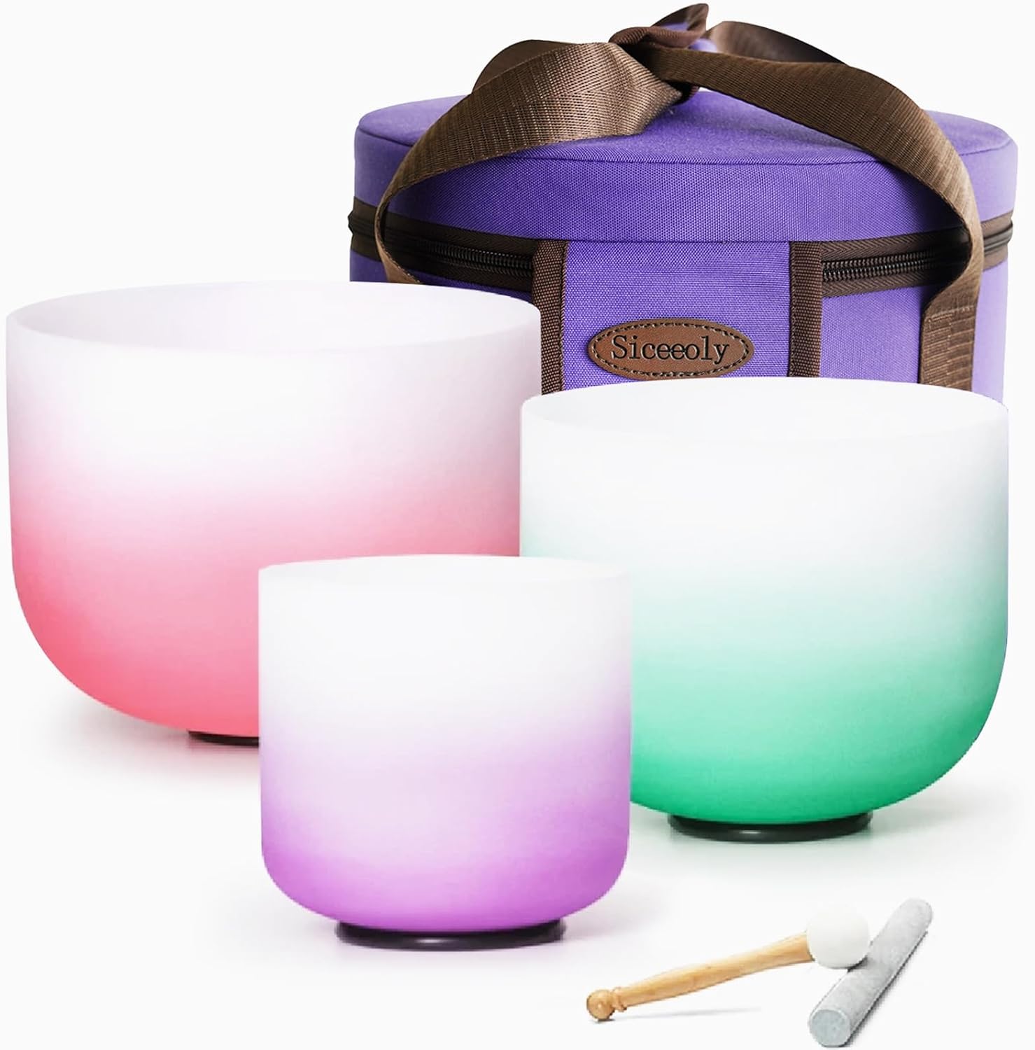 8"B 10"F 12"C Set of 3 Red Green Purple Light Color Singing Bowls Frosted Chakra Quartz Sound Healing Crystal with Travel Carry Case Bag Mallet Suede Striker O-ring