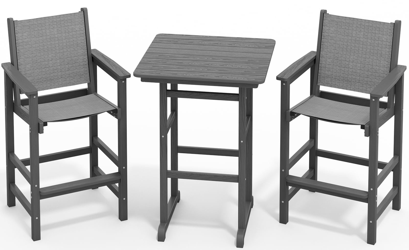 SERWALL 3 Pcs Textilene Bar Height Adirondack Chairs and Table Set, Grey