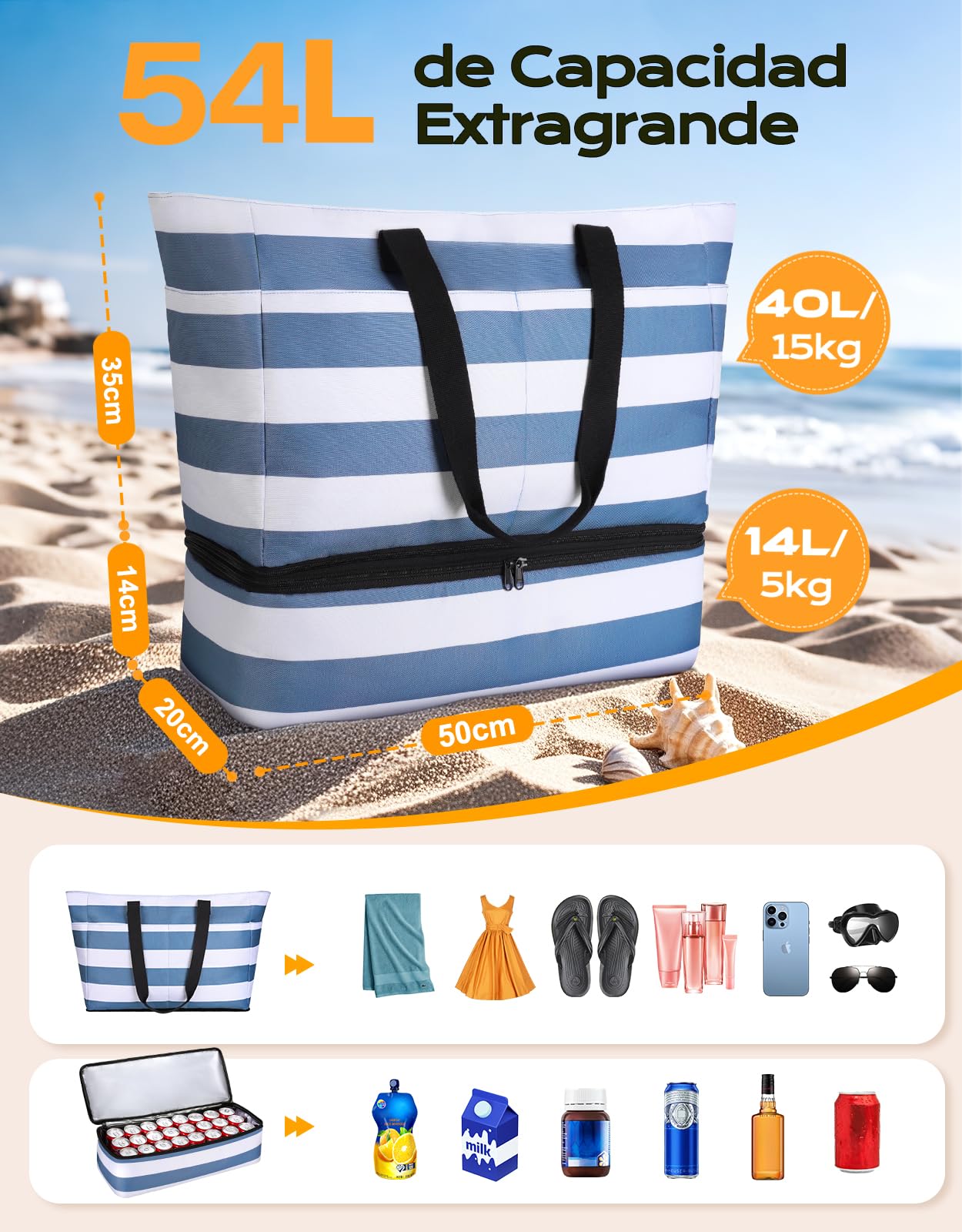 CIRYCASE Bolso Playa Mujer con Nevera 2 en 1, Impermeable & Plegable Bolsa Viaje XXL Familiar, Beach Bag 54L Extra Grande con Cremallera y 9 Bolsillos para Piscina/Picnic/Gimnasio/Compra Esenciales