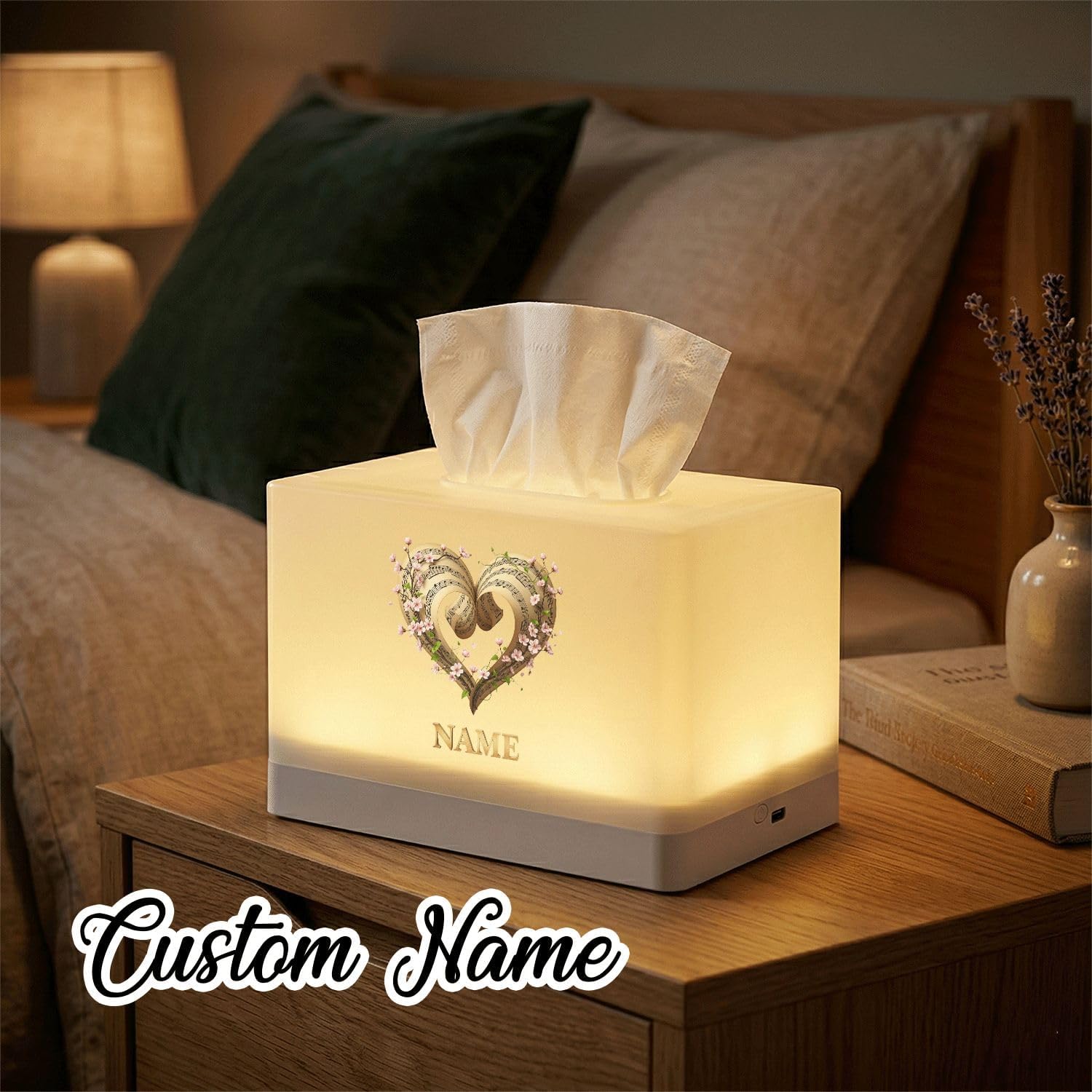 Personalized Tissue Box Cover with LED Night Light, Rechargeable Table Lamp with Music Note Heart Design, Custom Name for Bedroom, Nursery Decor image 4