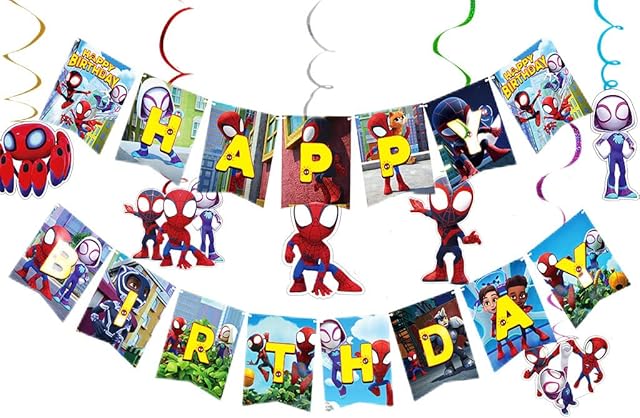 Spiderman Happy Birthday Banner Bunting and 6pcs Superhero Spiderman Themed Hanging Ceiling Swirls for Boys Girls Kids Superhero Birthday Party Supplies Decorations,Children's Superhero Party Favor