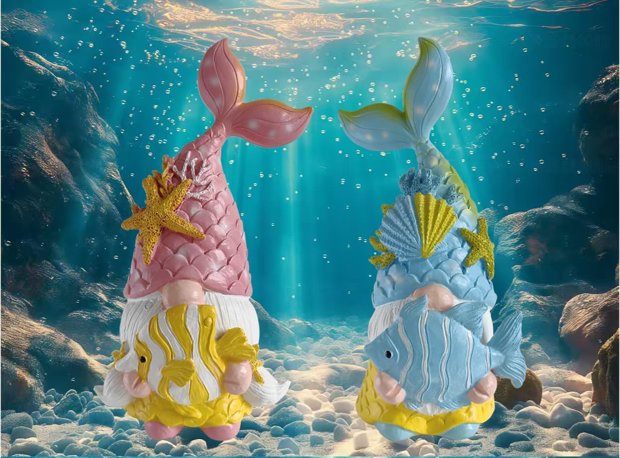 Mermaid Fairy Gnome Sea Star Shell Statue 2psc, Summer Beach Gnomes Figurine Elf Ornaments for Garden Outdoor Indoor Decoration