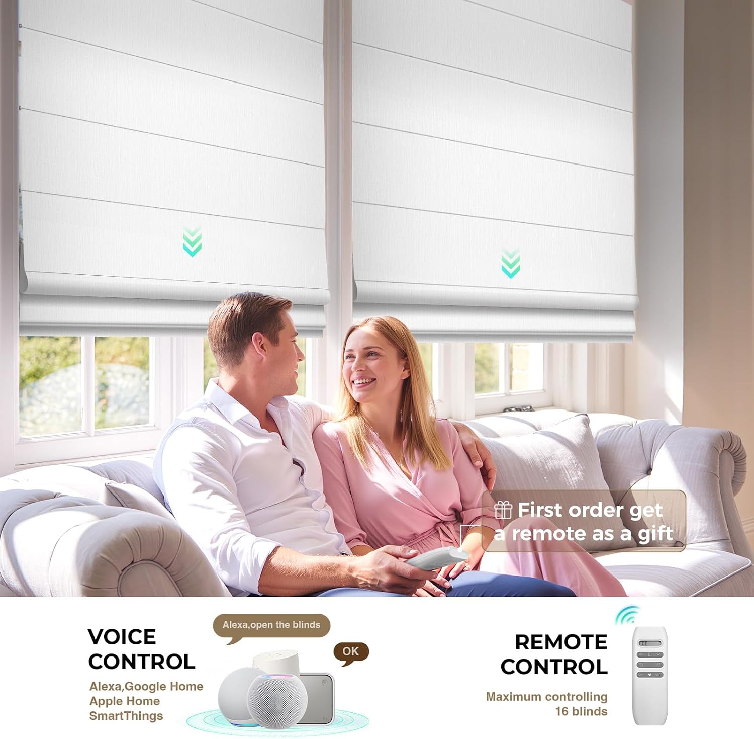 HeyBlinds Motorized Roman Shades with Remote, Smart Control, Blackout Automatic Blinds for Home and Office Windows, Compatible with Alexa, Google and Homekit, Custom Size (Grace-Perla White BO)