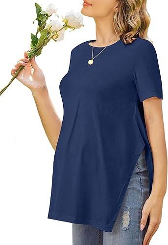 Ekouaer Camisas de maternidad para mujer, manga corta, blusas de embarazo con abertura lateral, casual, cuello redondo, túnica para embarazadas