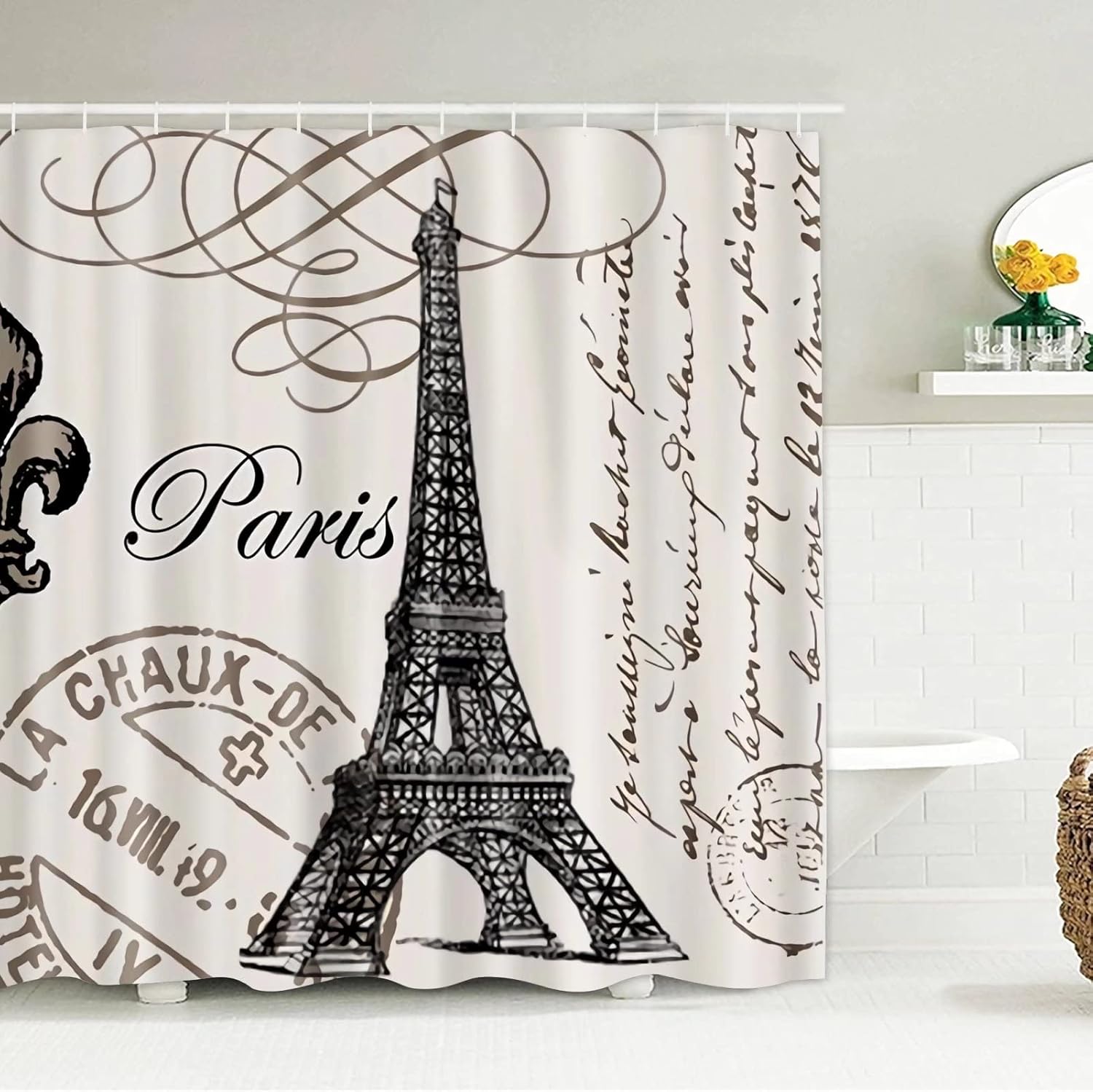 Chrainy 4Pcs Paris Eiffel Tower Shower Curtain Sets Bathroom Set Decor with Non-Slip Rugs Bath U-Shaped Mat Toilet Lid Cover Waterproof Vintage Word Art Bathroom Curtains Shower Set with 12 Hooks