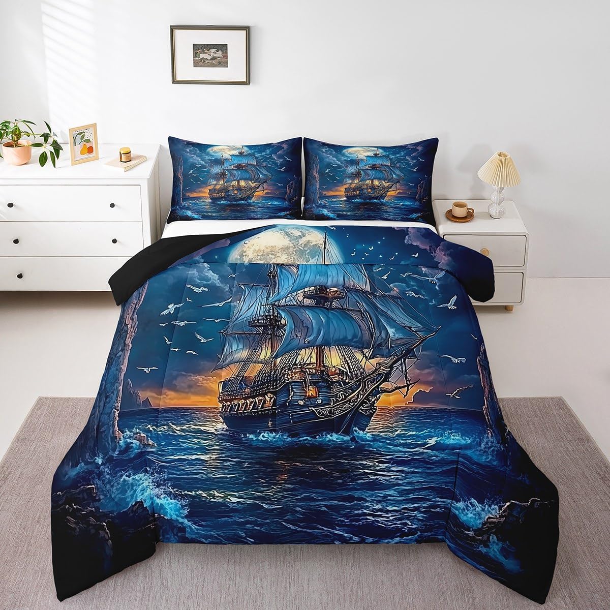 Erosebridal Sailboat Bedding Set Full Size,Pirate Nautical Comforter Set for Kids Boys Men Room Decor,Sail Boat Sailing Ship Quilt Bed Set Ocean Marine Bedding Comforter Sets with 2 Pillowcases