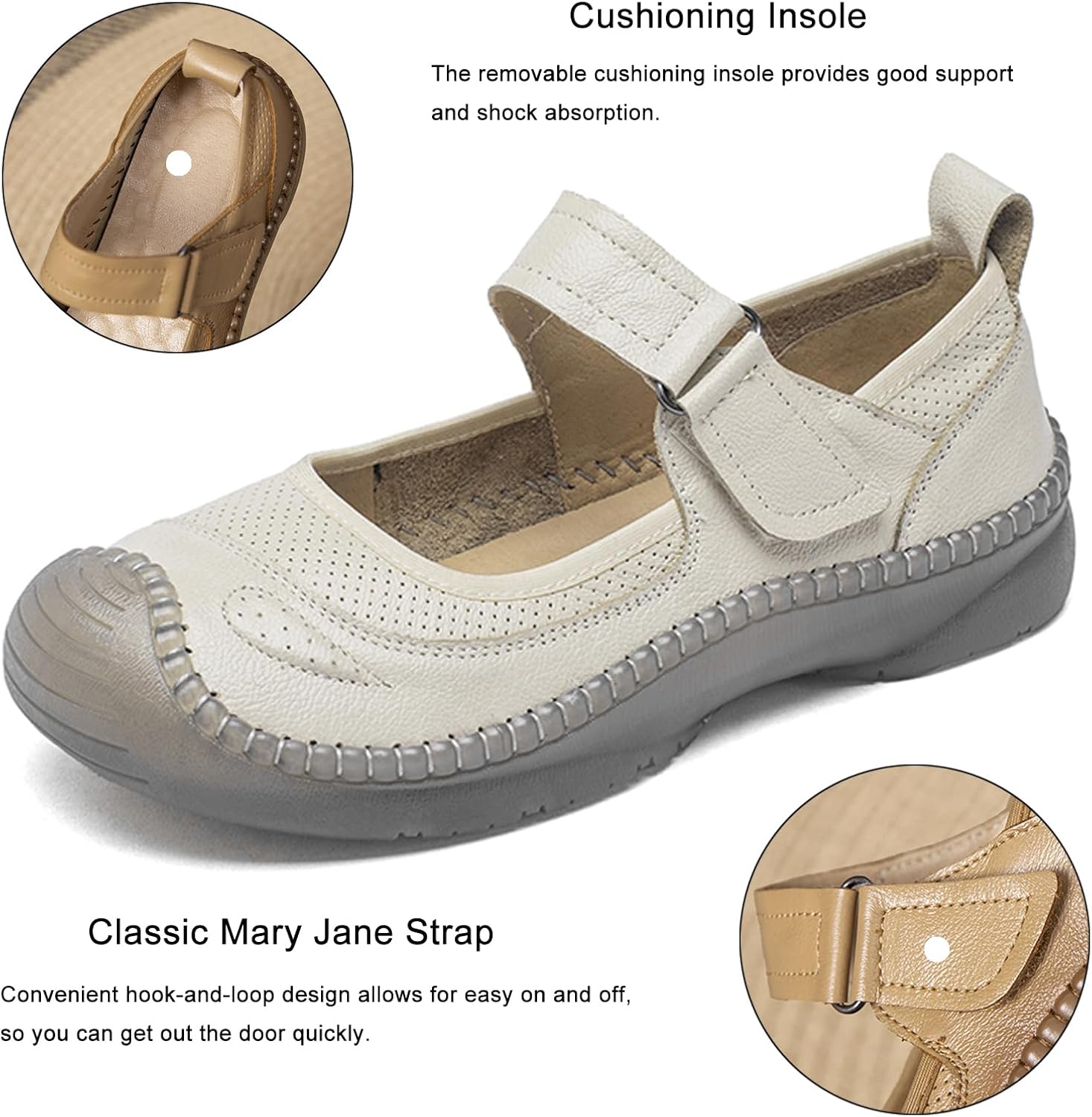 Women's Comfort Orthopedics Mary Jane Flats with Arch Support Leather Wide Round Toe Non-Slip Soft Sole Lightweight Breathable Walking Shoes Fashion Casual Dress Shoes