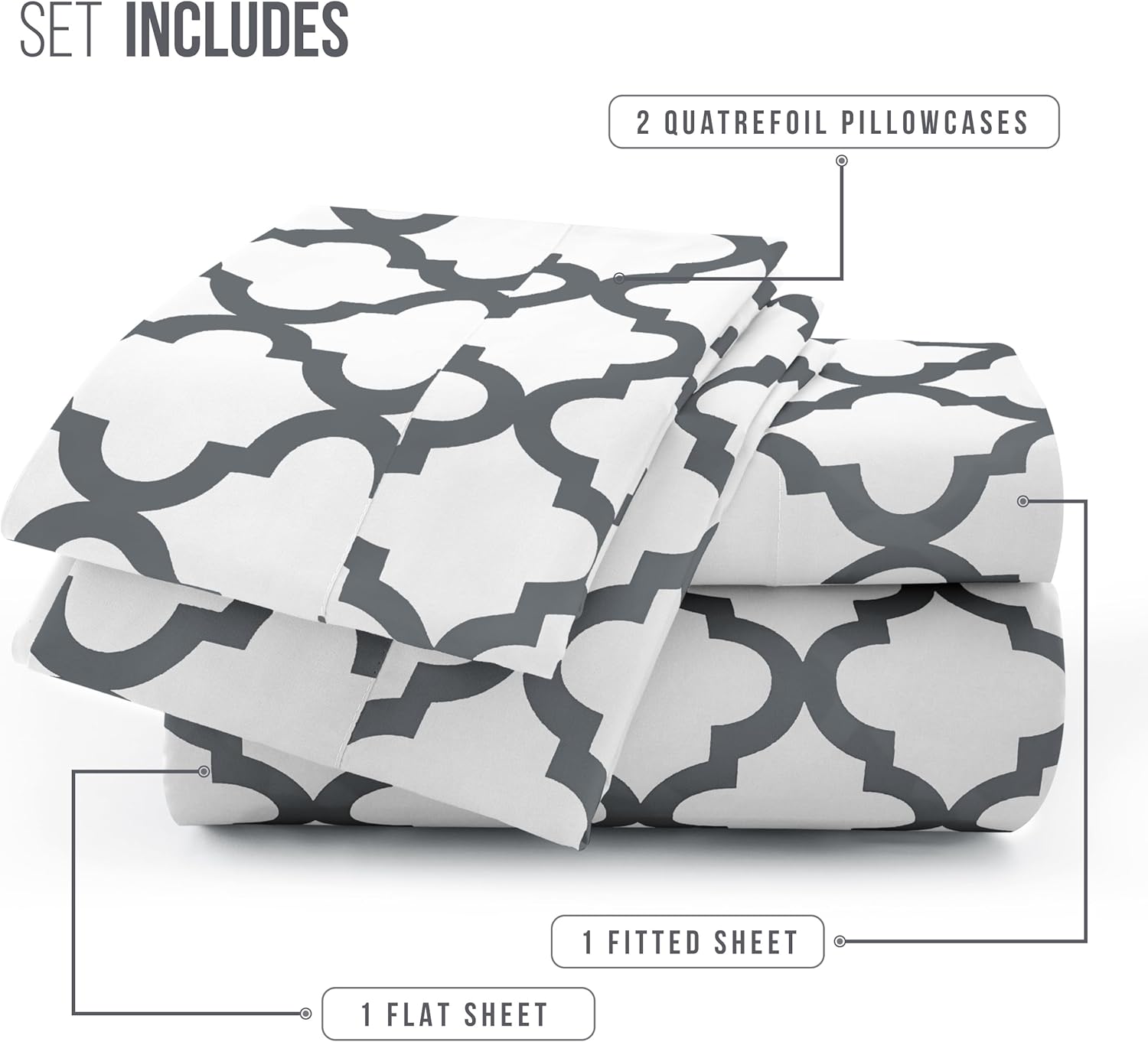 LUX Décor Quatrefoil Cal King Sheet Set - 4 Piece Ultra-Soft Microfiber Bed Sheets with Flat Sheet, 16 Inches Deep Pocket Fitted Sheet & Pillowcases, Breathable, Bedroom Decor, Oeko-TEX - Grey