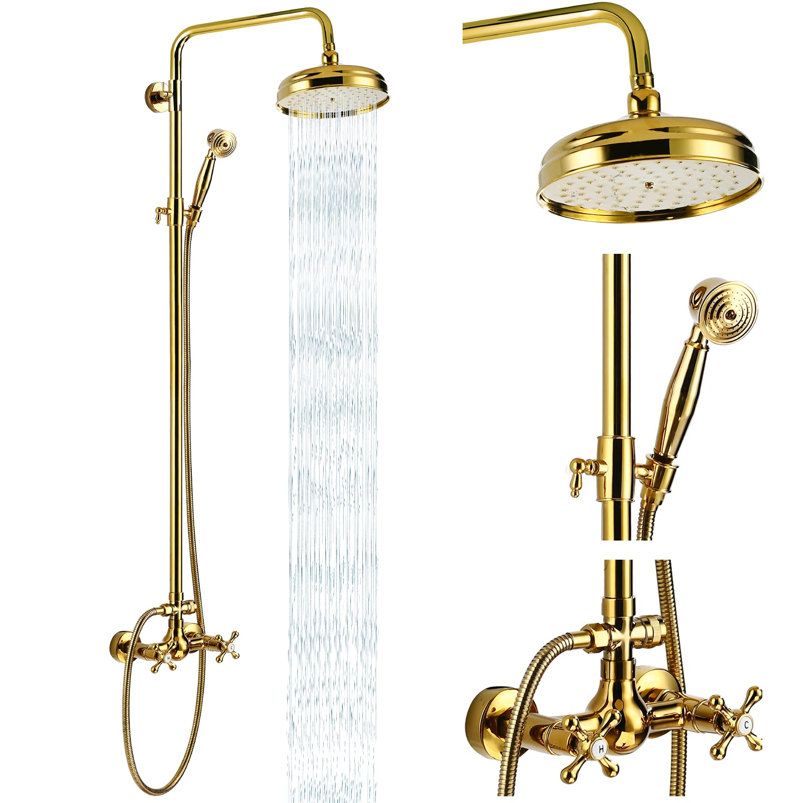 Buy Exposed Bathroom Shower Faucet Set Gold Polish 8 Inch Head Rainfall