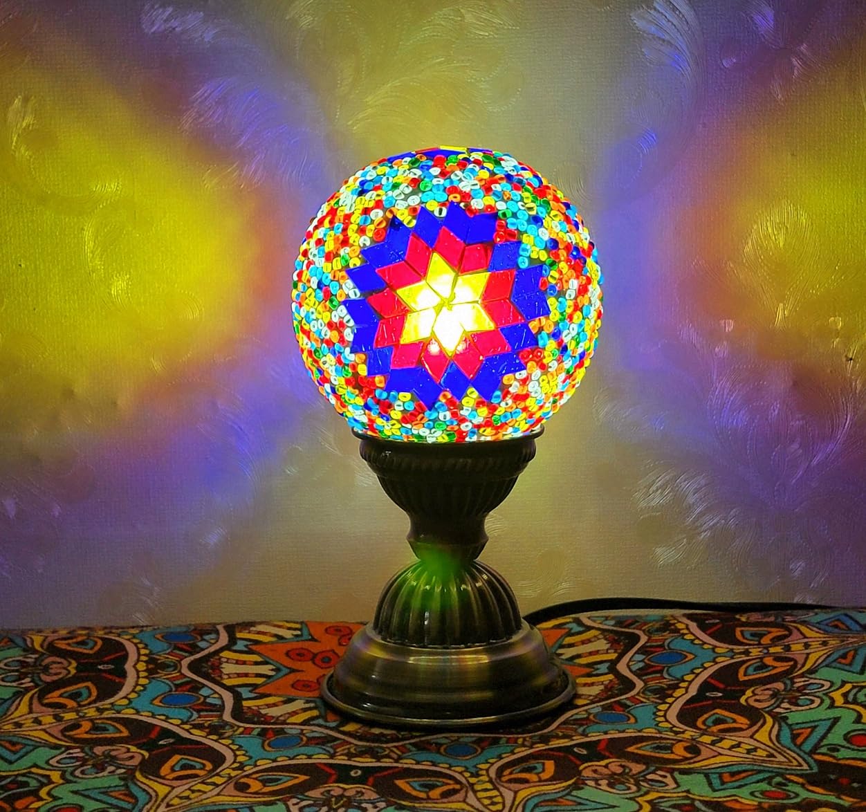 Maimeili Retro Turkish Mosaic Vase Lamp Turkish Moroccan Table Lamp Colorful Handmade Glass Vase with Wood Base for Flowers USB Charge Decor Light for Bedroom Ambient Living Room Farmhouse