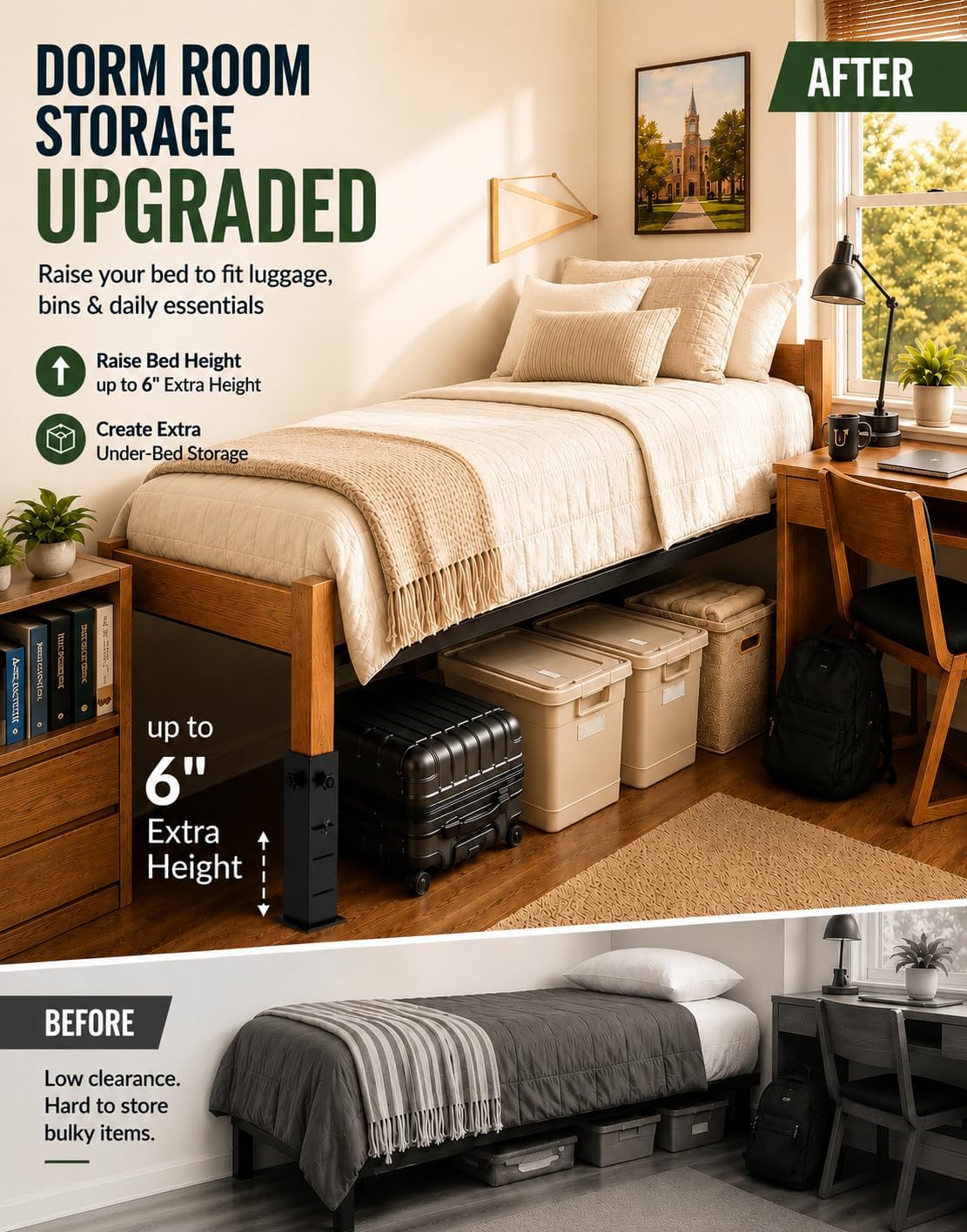 Metal Bed Risers for Dorm, 3-Level Adjustable Bed Risers Heavy Duty | Extra Tall Dorm Bed Extenders Rise 2" 4" 6" for Twin XL Bed, Fits Legs Up to 2.2'' Wide, Thickened Steel Widened Base