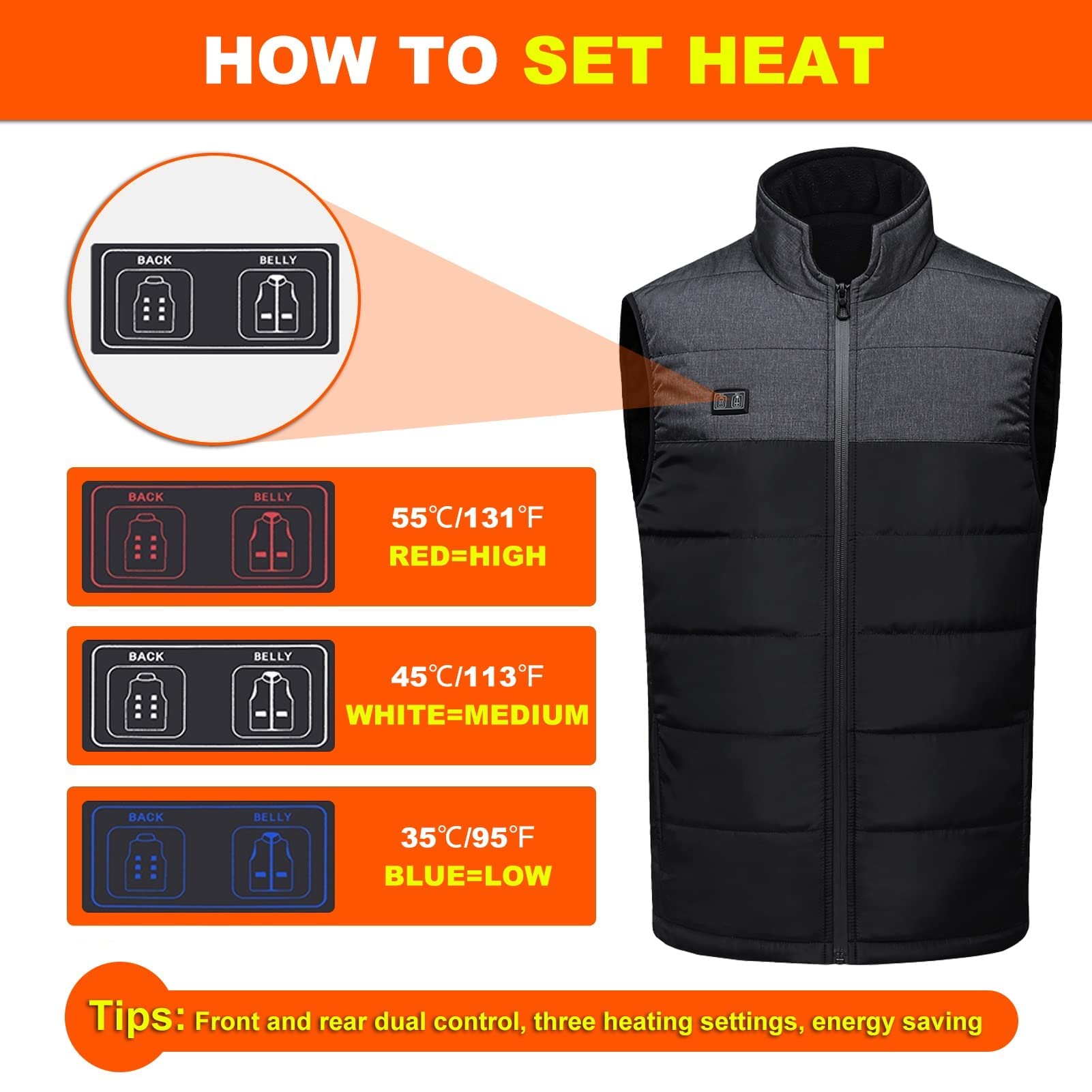 Men's Polar Fleece Heated Vest, Electric USB Heating Jacket, Lightweight Body Warmer Gilet for Hunting Hiking