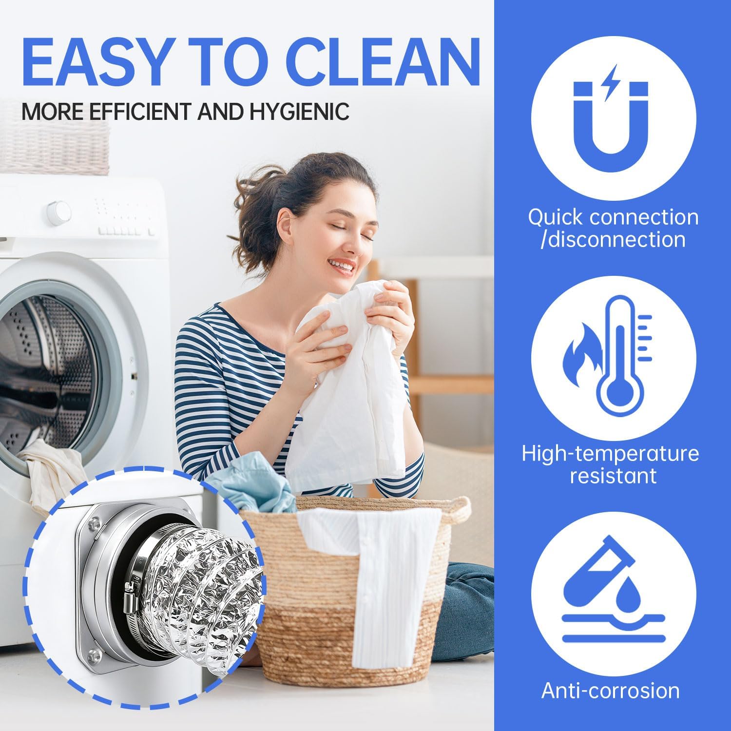 Magnetic Dryer Vent Coupling Connector Kit DV180 Airtight Seal Dryer Vent Hose Magnetic Connector Set Includes 4 inch x3.3ft Duct & 2 Clamps, Quick Connect and Easy to Clean