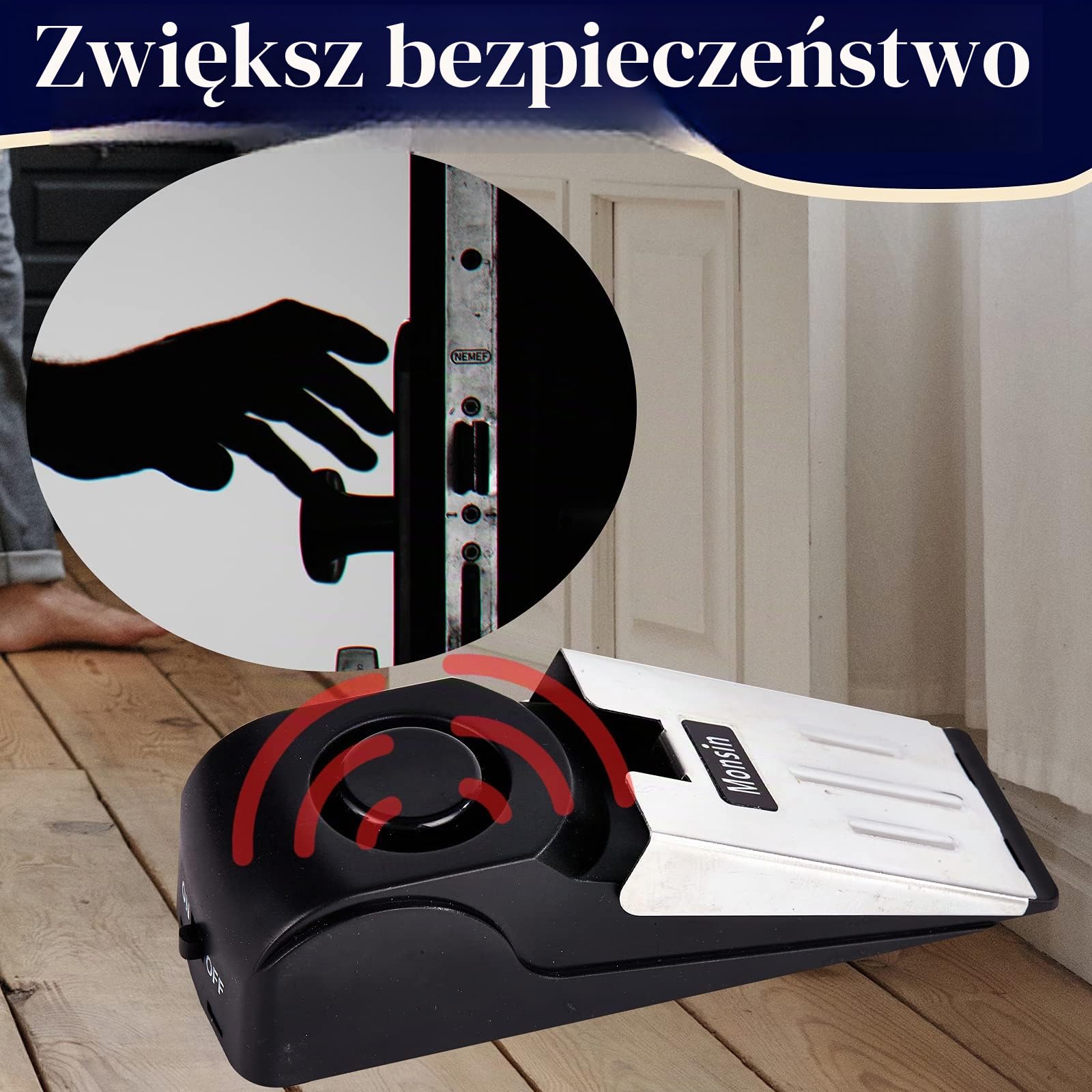Alarm do drzwi, stoper do drzwi z alarmem bezpieczeństwa 120 dB, klin podłogowy do podróży, mieszkania, domu (1 szt.)