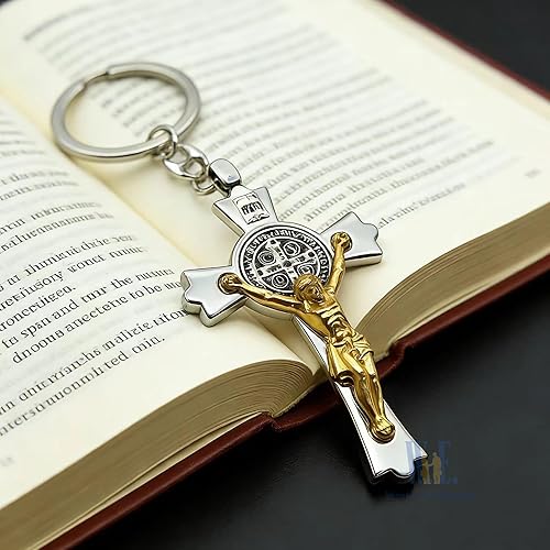 Miniatura 3 de 12 llaveros de San Benito para el bautismo, primera comunión, religioso, católico, conmemorativo, regalo conmemorativo, Crucifijo de dos tonos,