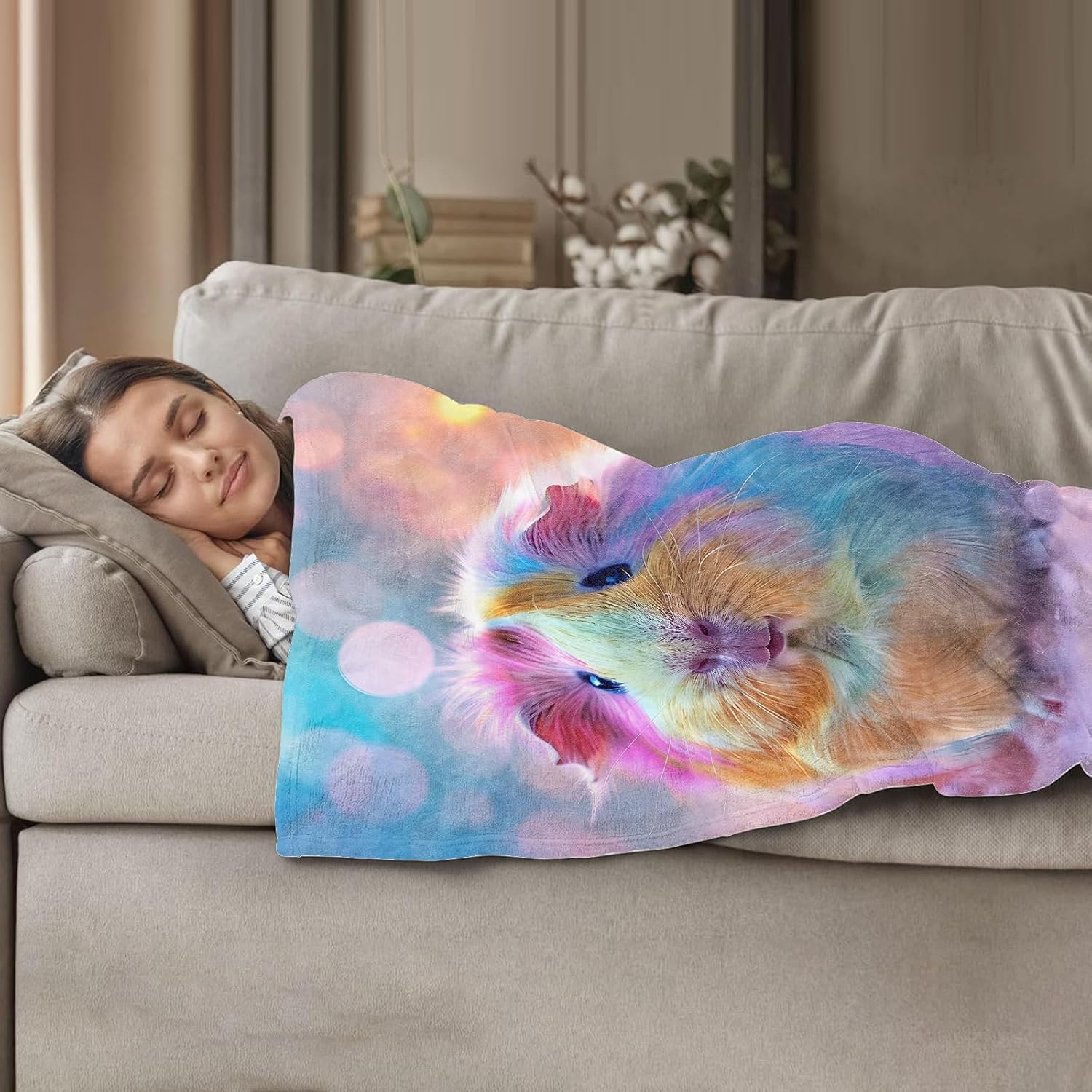 Cute Rainbow Guinea Pig Flannel Throw Blanket for Kids and Pet Lovers, Lightweight Warm Soft Cozy Colorful Animal Print Blankets, Sofa Couch Bed Living Room Home Office Decor Gifts, 50"x60"