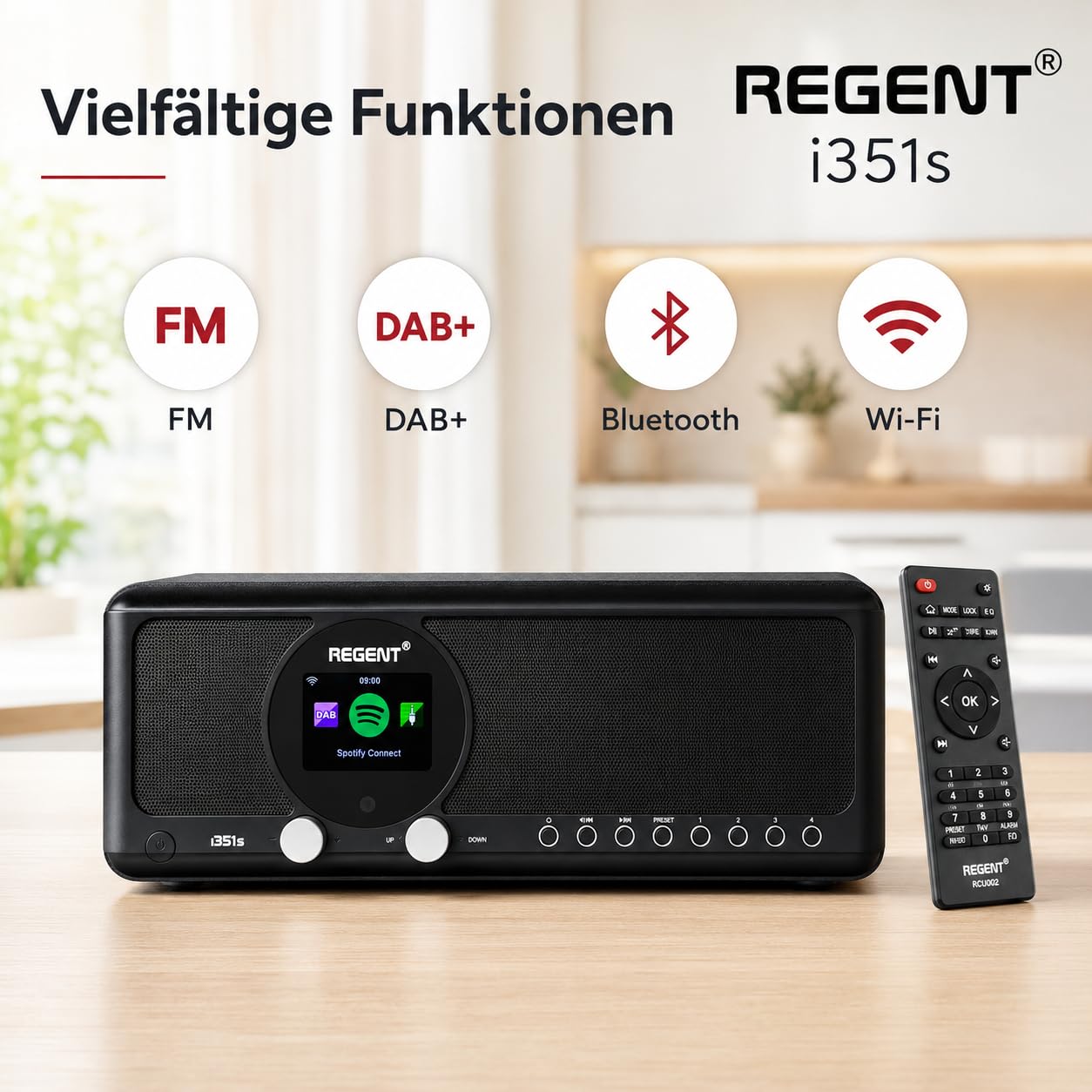 Ferguson Regent i351S – Internetradio WLAN, DAB+ Radio mit Bluetooth, Spotify Connect, Farbdisplay, Dual Alarm, Fernbedienungs-App, einzigartige Bluetooth-Sender Two Way BT (Schwarz)