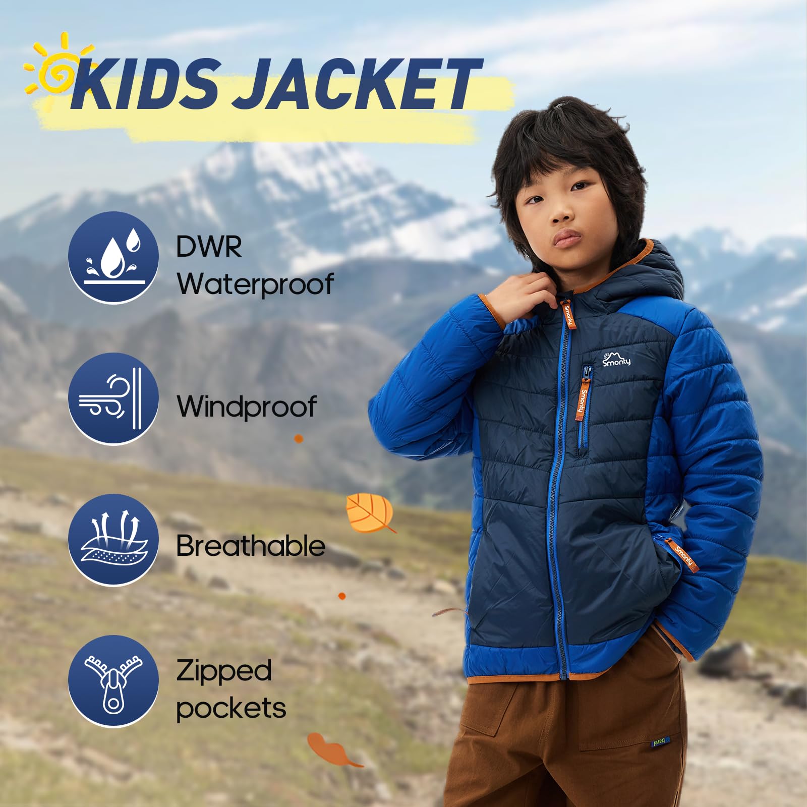 SMONTY Veste à matelassure pour enfants – Veste légère et résistante à l'eau pour garçons et filles avec joints soldés – Parfaite pour le printemps, l'automne, le camping, la randonnée et les voyages