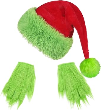 Christmas Santa Hat and Green Monster Furry Gloves for Adult Xmas Holiday Halloween Party Cosplay