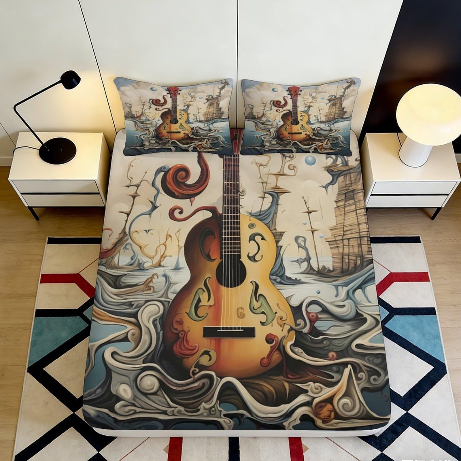Jqzkxnhpbr Style-1 3D Printed Vintage Guitar Fitted Sheet Microfiber Artistic Waves Bed Cover For Bedroom Dorm Mattress Protection Decor 90X200x25cm