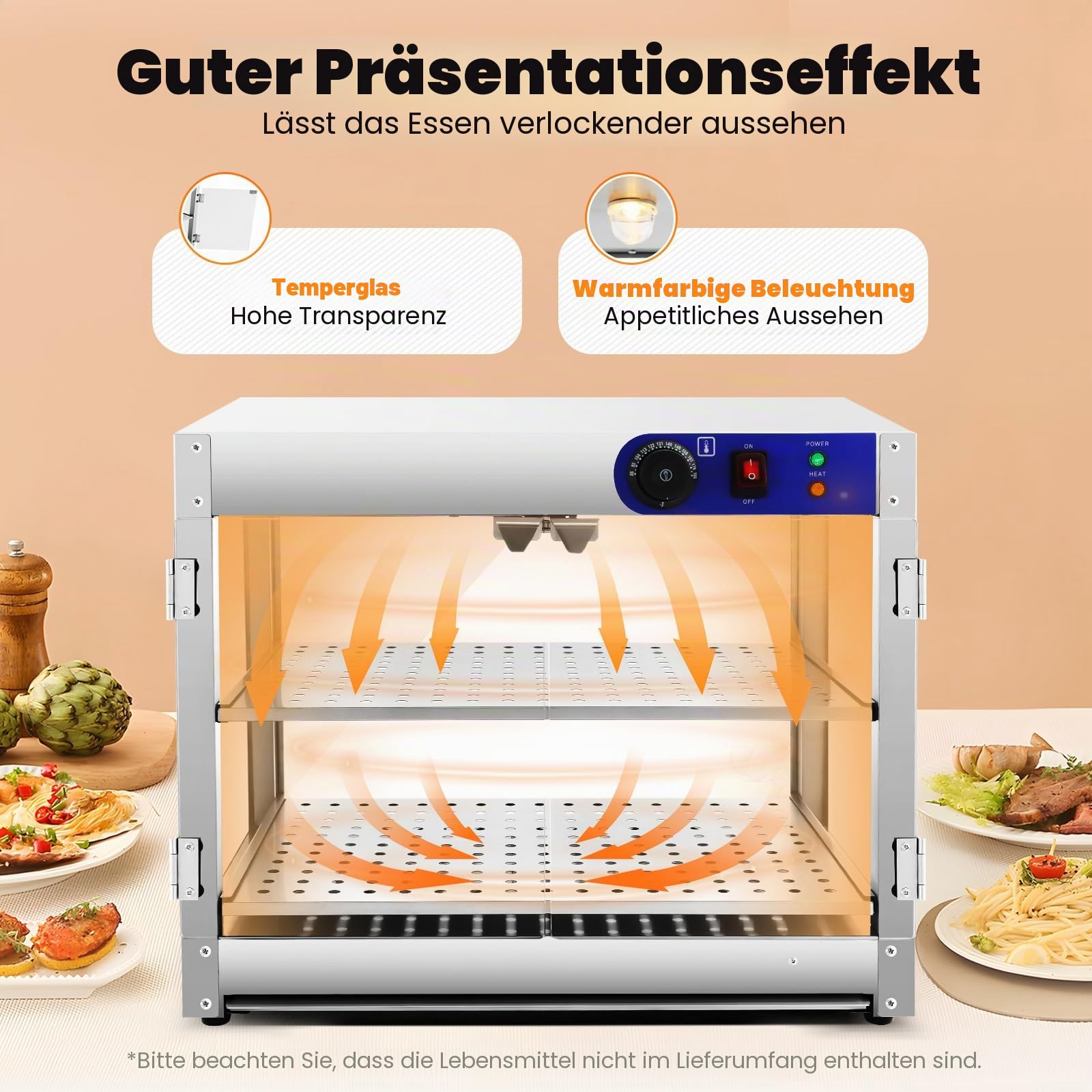 Aufsatzvitrine Warmhaltetheke Heißtheke Gewerblicher Speisenwärmer mit 2 Edelstahlrahmen Warmhaltevitrine Benutzt Einstellbares Thermostat 30°C bis 85°C für Kantinen Bäckereien Cafés 800W