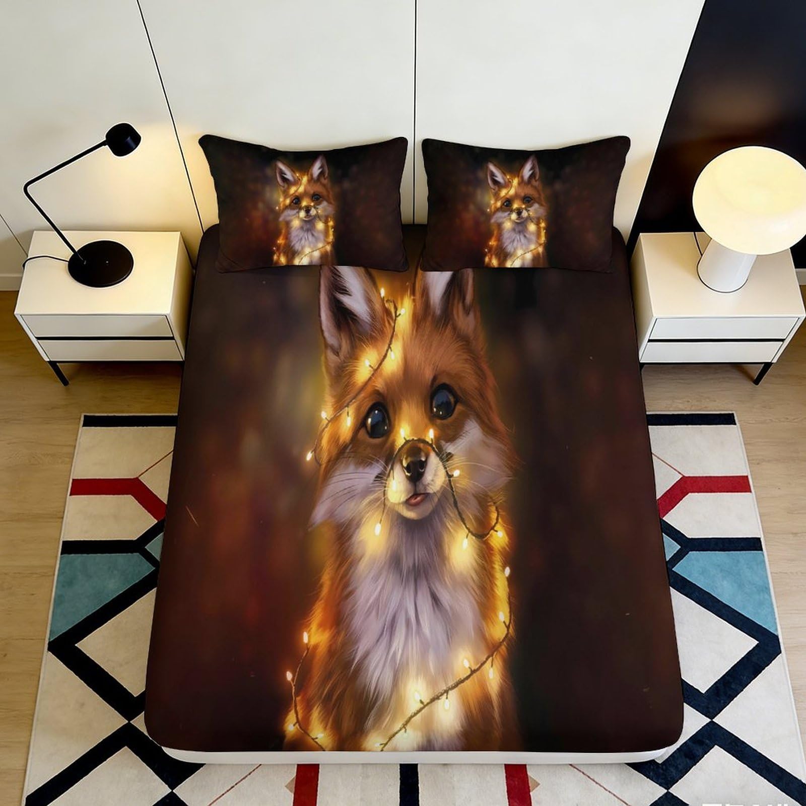 3D Printed Fox Design Fitted Sheet Microfiber Deep Pocket Non-Slip Bedroom Bedding Fox Mattress Fitted Cover Washable 200x200x25cm