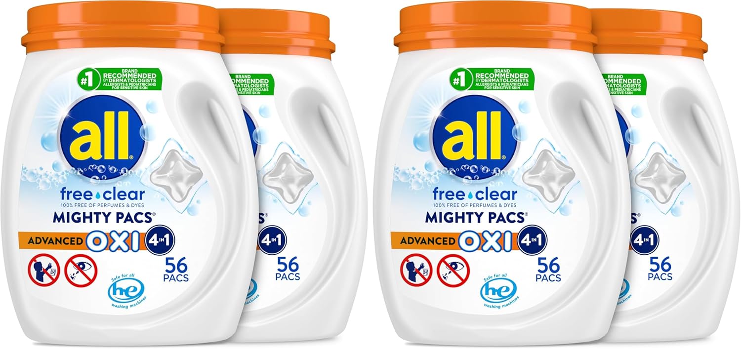 all Free Clear,Advanced OXI,Mighty PACS,Laundry Detergent Pacs,Stainfighting,Unscented and Hypoallergenic for Sensitive Skin,56 Count (Pack of 4)