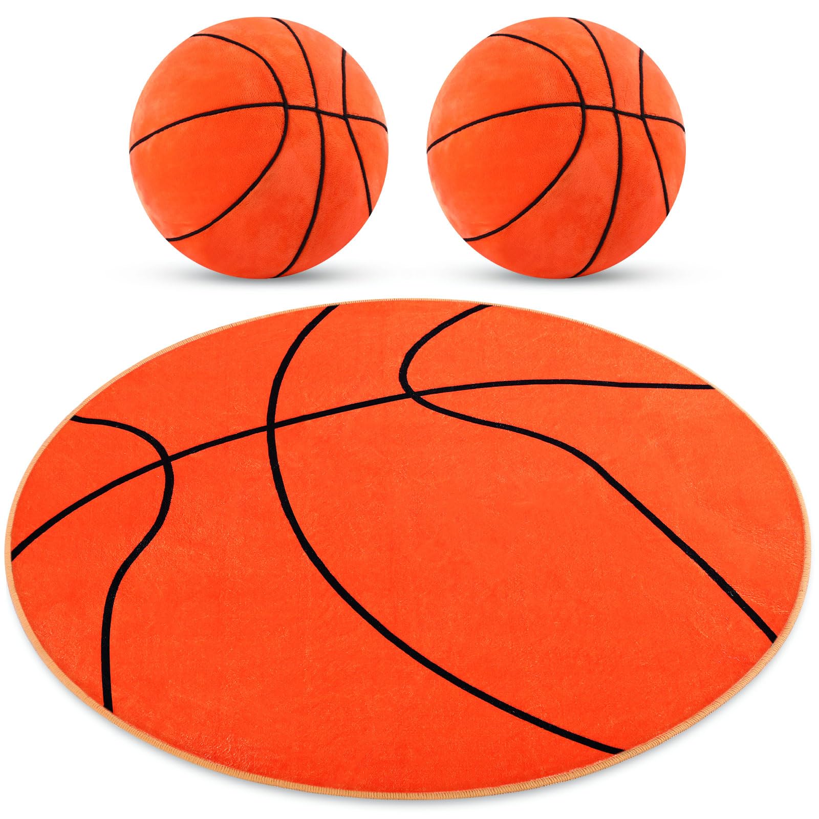 Photo 1 of Nuanchu 3 Pcs Basketball Plush Pillows and Basketball Rug Room Decor Fluffy Soft Stuffed Sports Throw Pillows Round Carpet Area Rug for Bedroom Decor