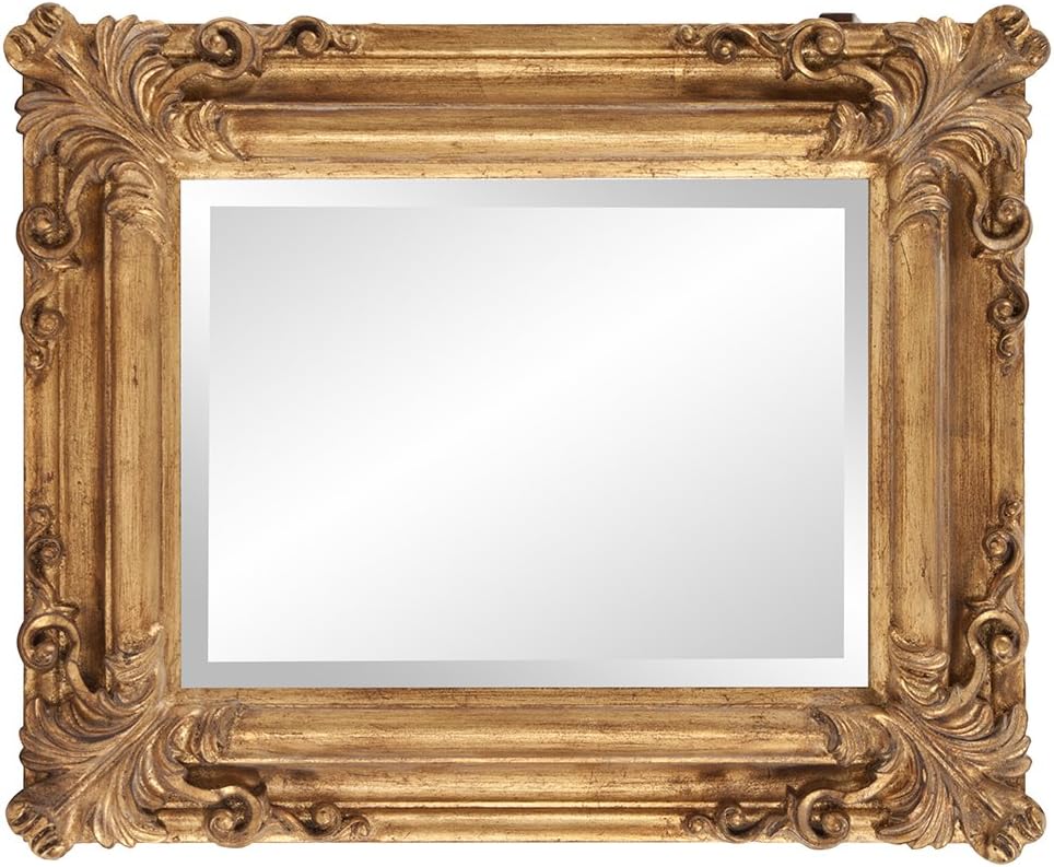 Howard Elliott Collection Edwin Hanging Rectangular Wall Mirror, Rustic Antique Gold Framed Decorative Accent Mirror for Living Room or Bedroom with Elegant Embellished Design, 19 x 23 Inch