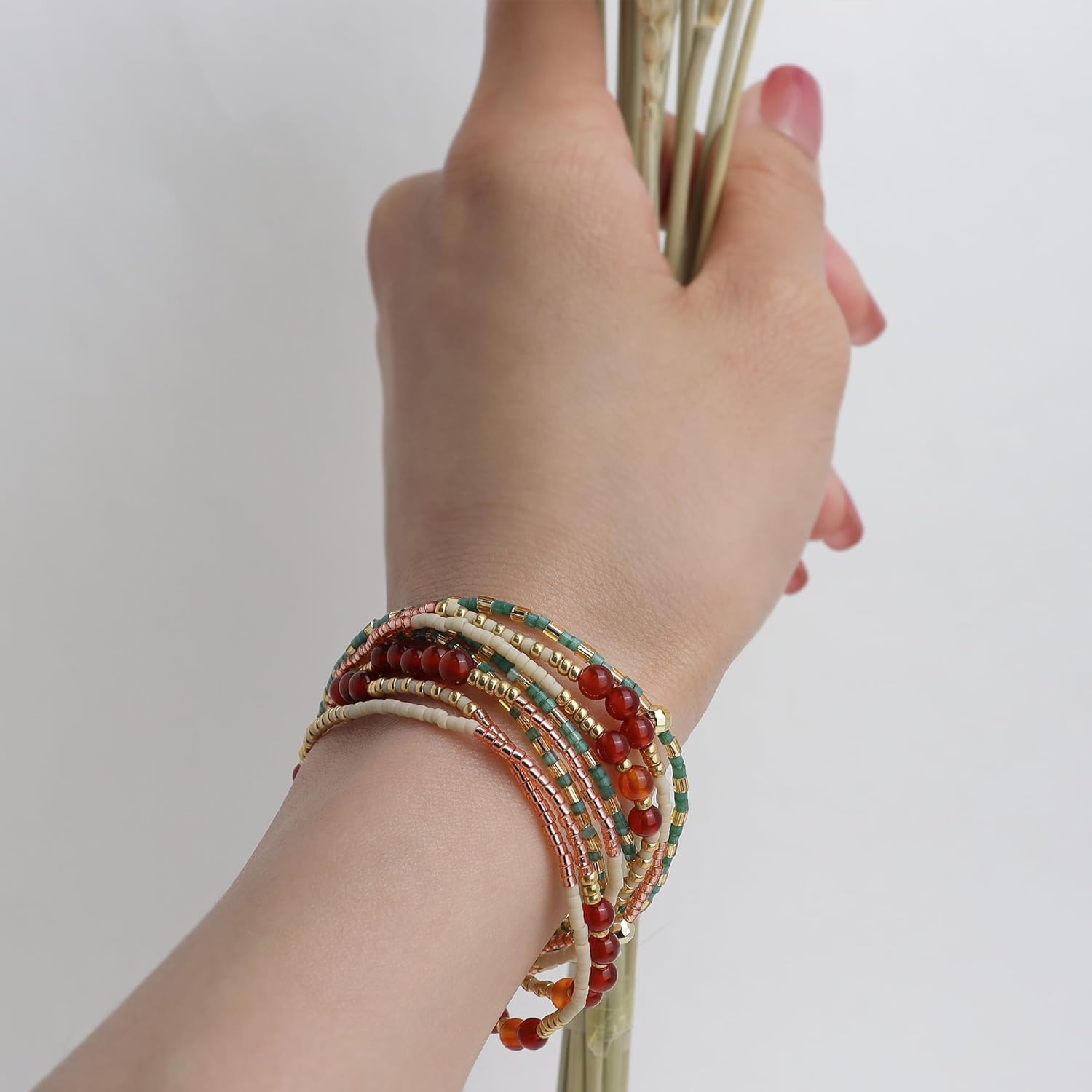 Gold Beaded Gemstone Stackable Stretch Bracelets for Women, Dainty Boho Handmade Natural Stone Red Bead Ball Layered Bracelet Summer Beach Jewelry Gift - Image 3