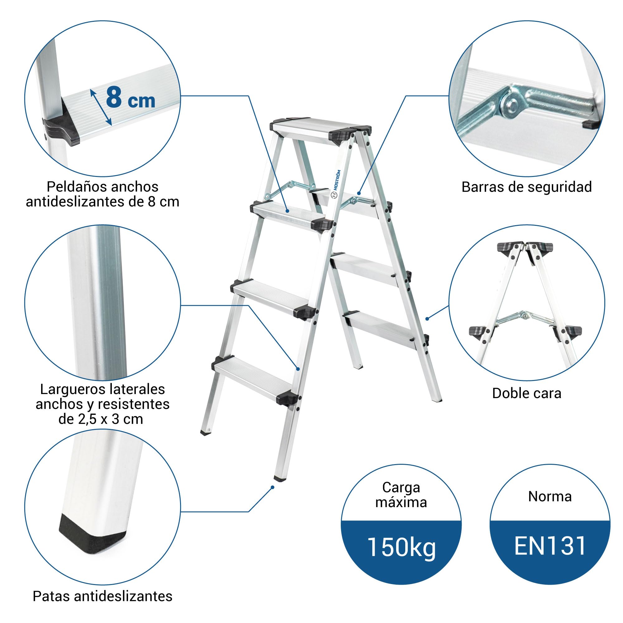 HOSTRÖM Escalera de 4 peldaños HOMILIX4, Escalera Plegable compacta, Aluminio, diseño Compacto y Robusto, Altura máxima de Trabajo de 2,59 m, garantía de 5 años.
