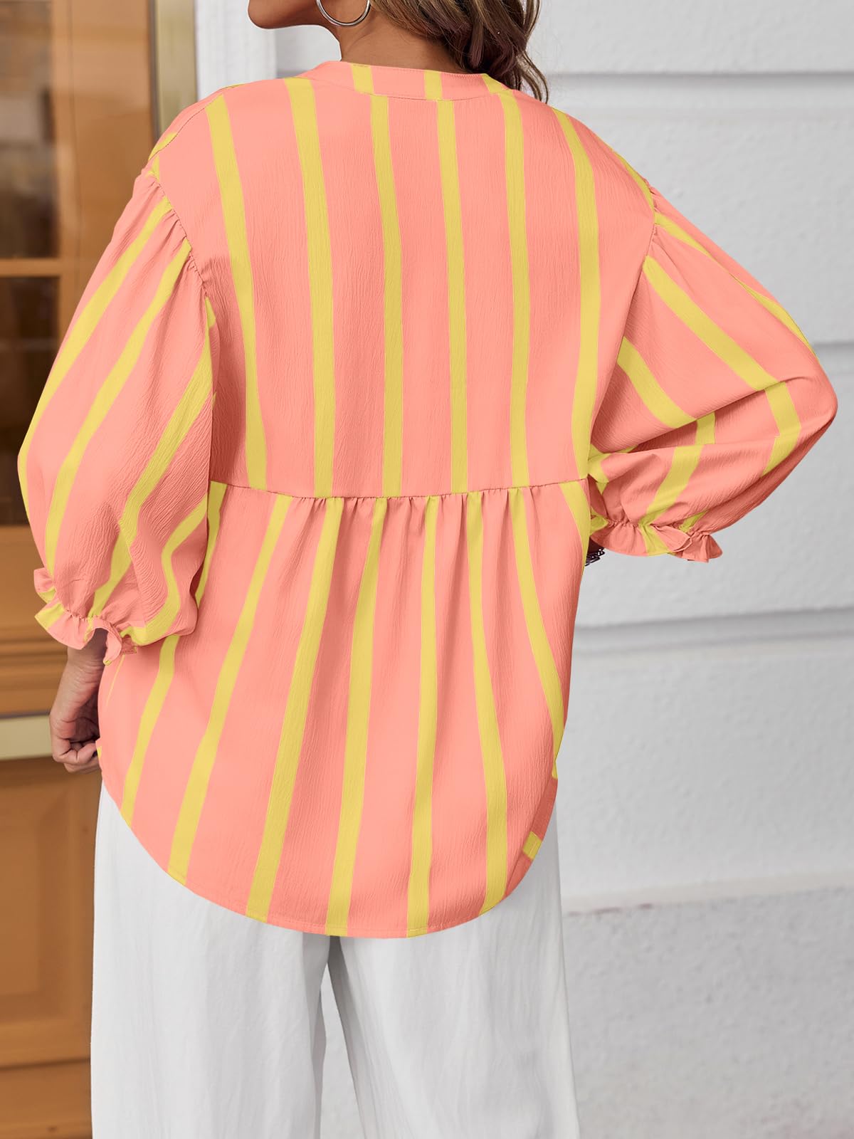 Tankaneo Babydoll da donna con maniche a sbuffo top estivo con scollo a V camicetta a righe carino casual vestibilità ampia camicie fluide