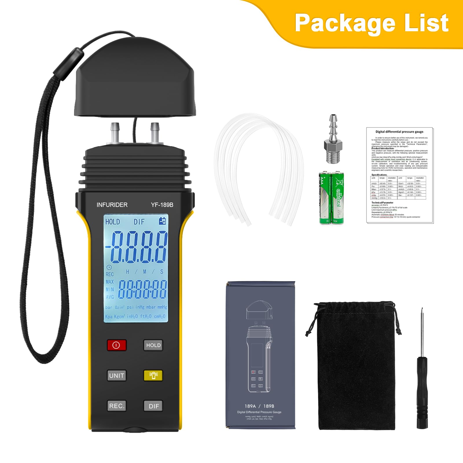 Manometro Differenziale 30psi con Copertura Protettiva, Tester di Pressione del Gas 11 Unità, Misuratore di Pressione Dell'aria YF-189B con Funzione di Mantenimento Dati, Retroilluminata per HVAC