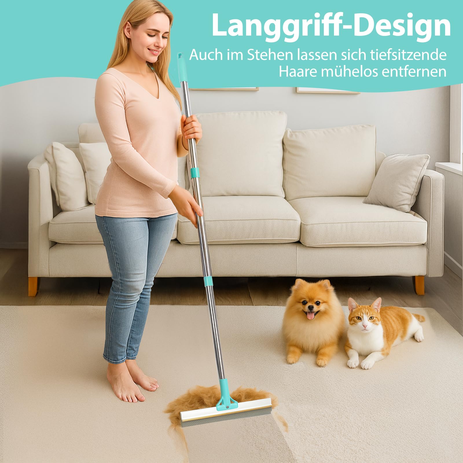 Tierhaarentferner, 2-in-1-Haarentferner, Teppichbürste mit 138 cm Verstellbarem Griff zum Entfernen von Tierhaare aus Autos, Teppichen, Fußböden, Sofas und Kleidung (Blau)