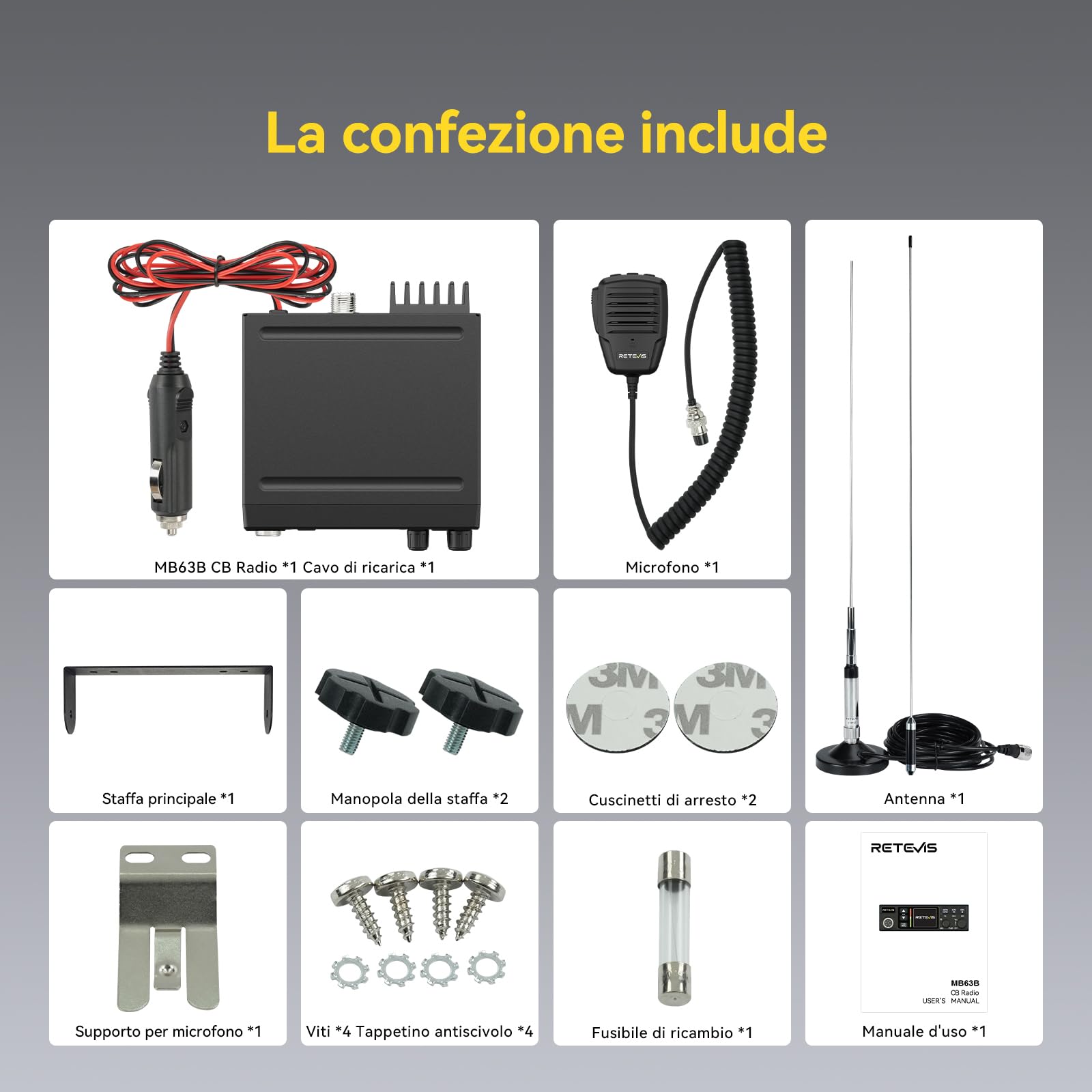 Retevis MB63B CB Radio e Antenna, NRC Cancellazione Del Rumore Radio CB Veicolare,12V/24V, AM/FM, TFT Colori, CTCSS/DCS, VOX, 40 Canali,EMG CH9/19 Radio CB Portatile per Team Fuoristrada (1 Pezzo)