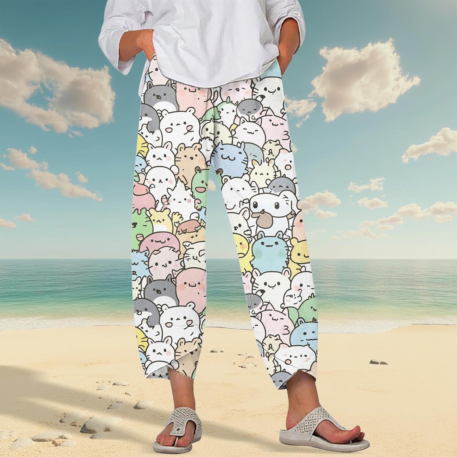 Beach Pants for Women Oversized Casual Wide Leg 2025 Summer Soft Elastic Waist Vacation Breathable Capri Pants - Image 2