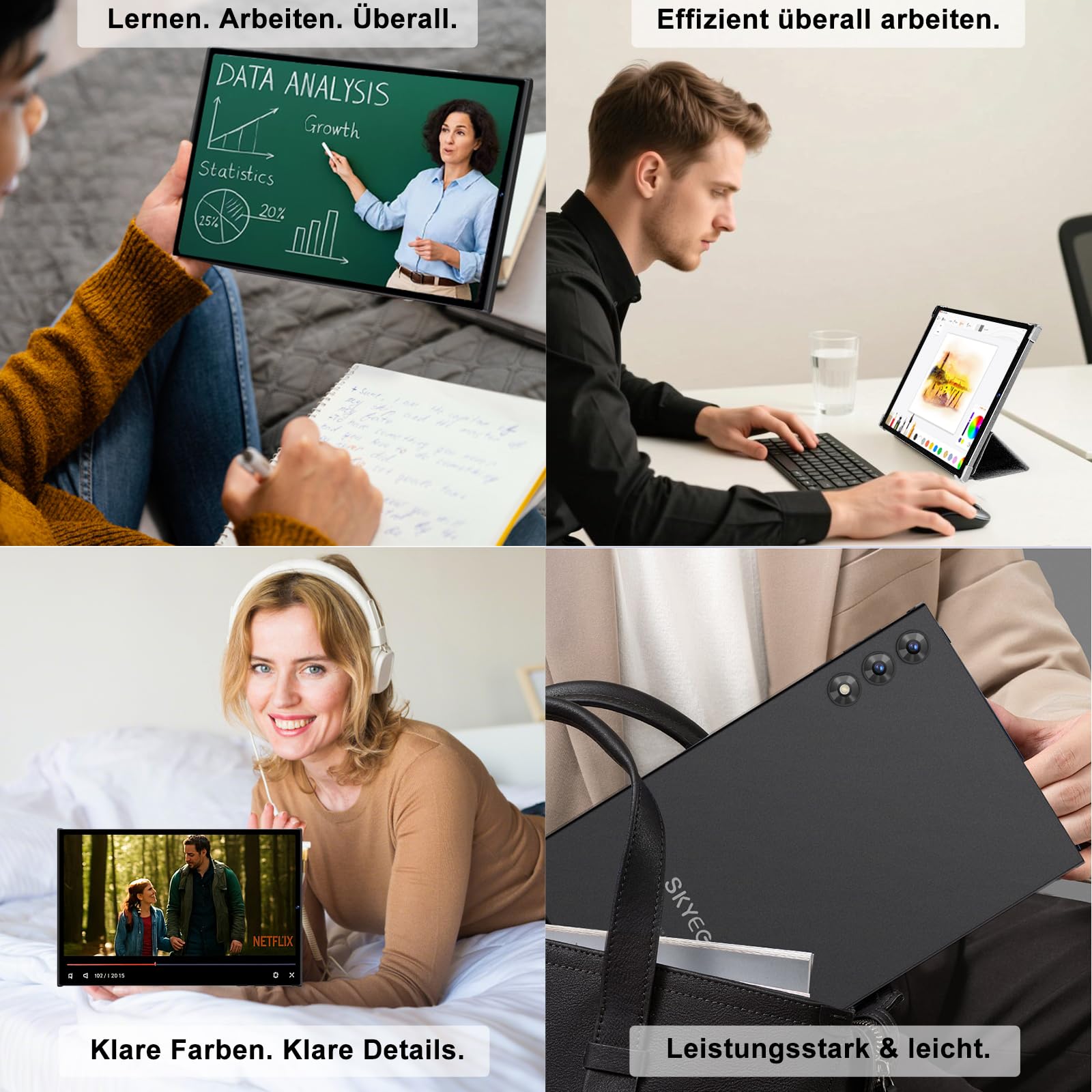 Tablet 10 Zoll Android 15 mit Gemini AI, Tablet mit Tastatur und Maus, 30 GB RAM + 128 GB ROM, Erweiterbar auf 2 TB, Octa-Core Prozessor, WLAN 6, Widevine L1, 8000 mAh Akku, Metallgehäuse, Schwarz