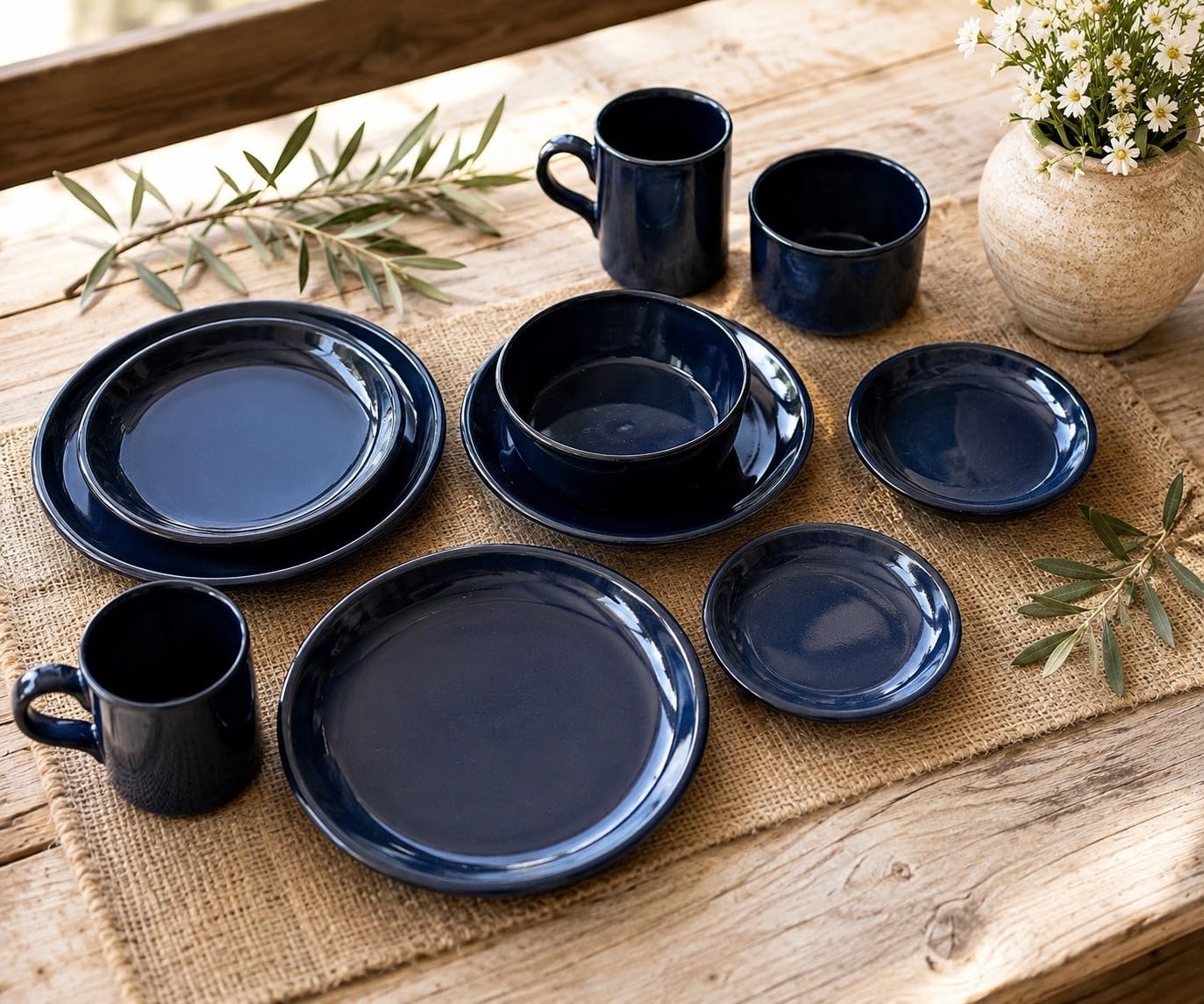 Keramikteller-Set 4-teilig Glasiert 22 cm | 2 flache Teller, 2 tiefe Teller, Glänzende Glasur, Für 2 Personen, Für Pasta & Salate