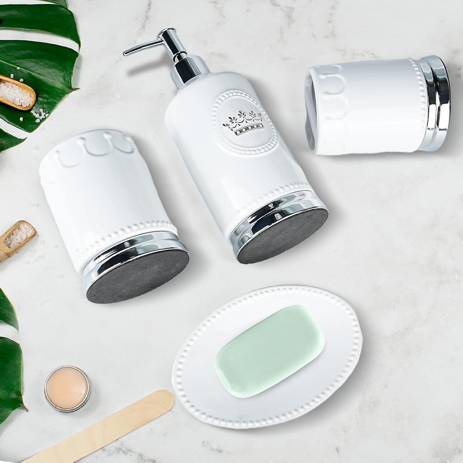 Bathroom Accessory Set, 4 Pcs Ceramic Sets with Crown Motif, Toothbrush Holder, Soap Dispenser, Soap Dish, Tumbler Cup, Modern Bathroom Sink Set Vanity Countertop Decor, White and Silver